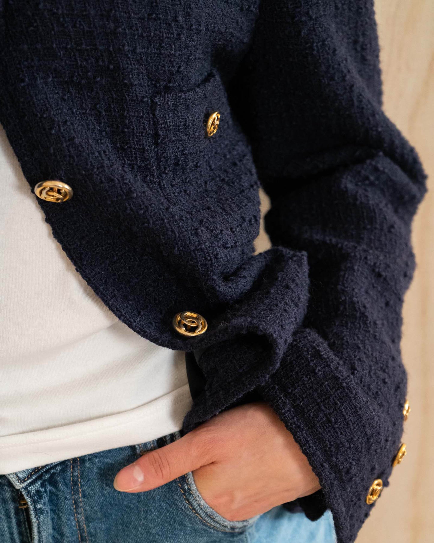 FR40–42 Chanel 1980s Classic Four Pocket Navy Tweed Jacket