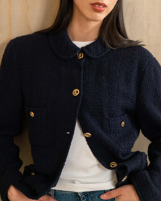 FR40–42 Chanel 1980s Classic Four Pocket Navy Tweed Jacket