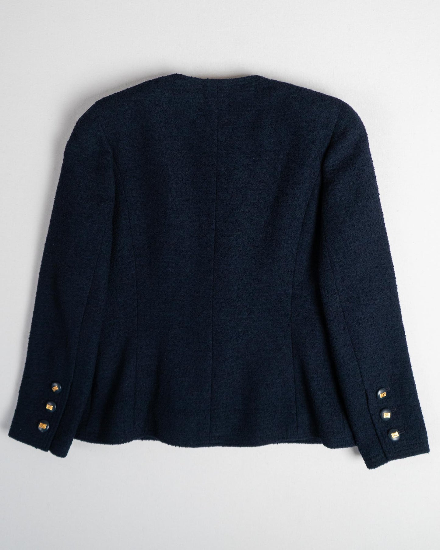 FR38-42 Chanel Cruise 1992 Classic Timeless Collarless Four Pocket Navy Tweed Jacket