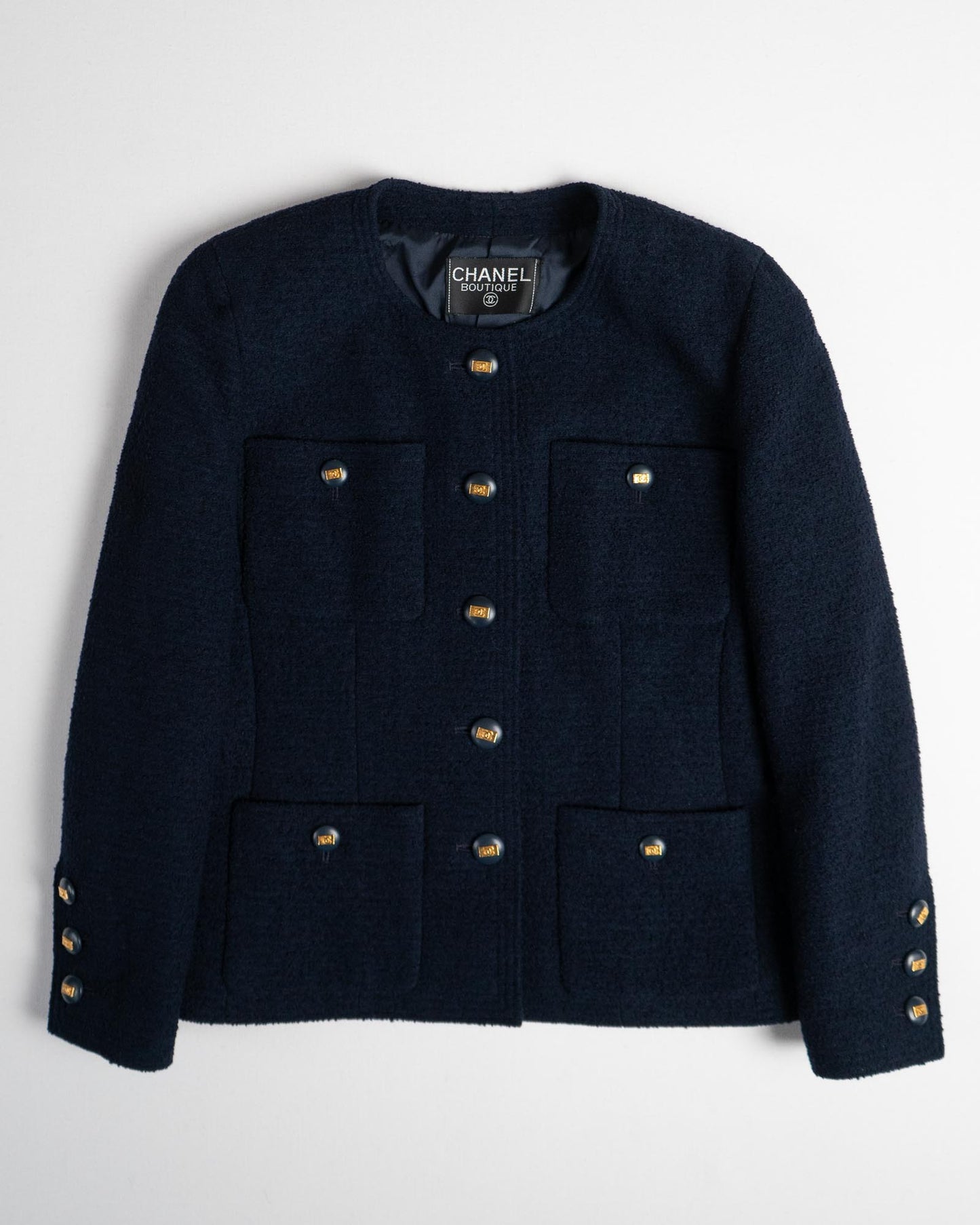 FR38-42 Chanel Cruise 1992 Classic Timeless Collarless Four Pocket Navy Tweed Jacket