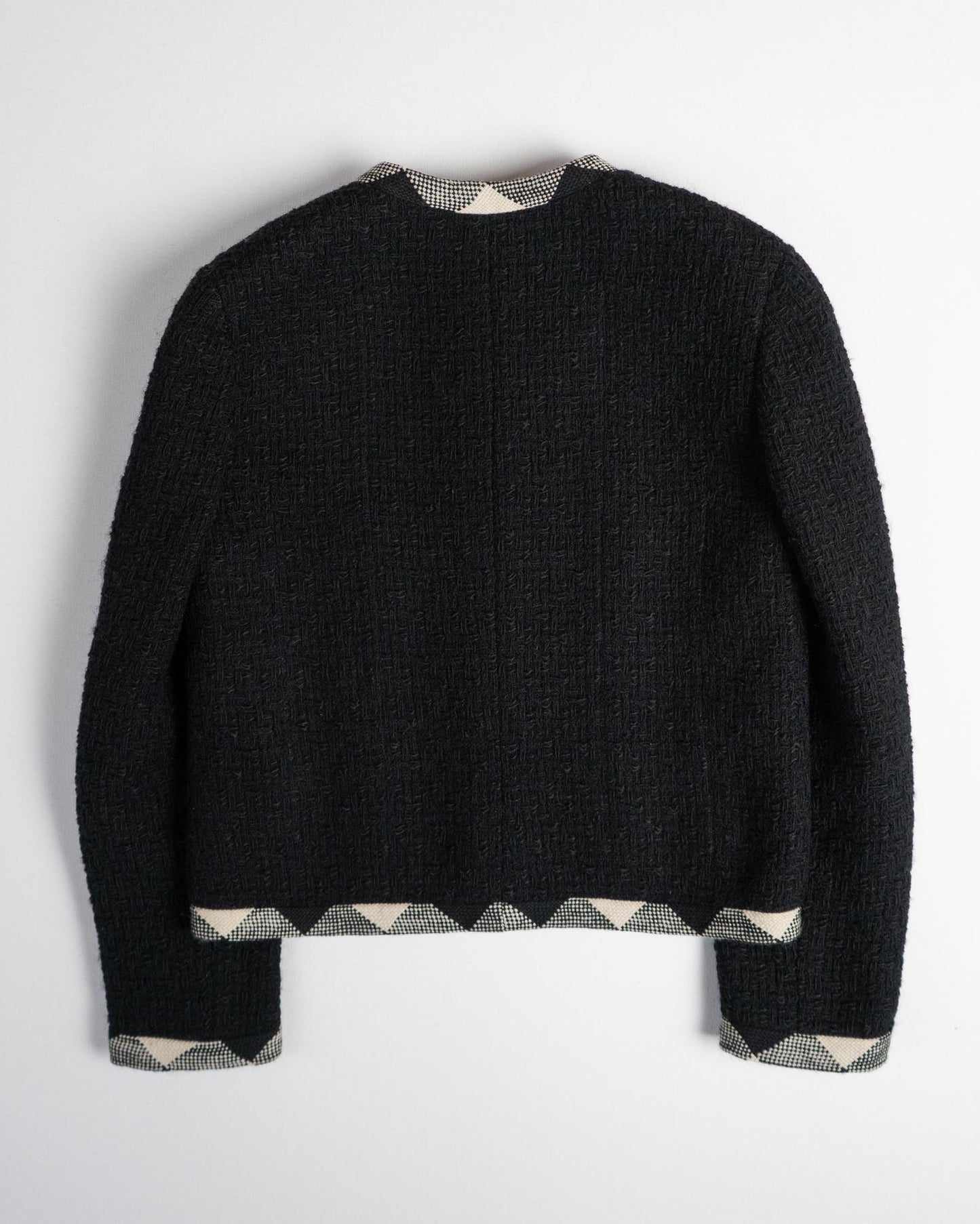FR38-40 Chanel 1980s Classic Timeless Collarless Four Pocket Black with Contracting Trim Wool Tweed Jacket
