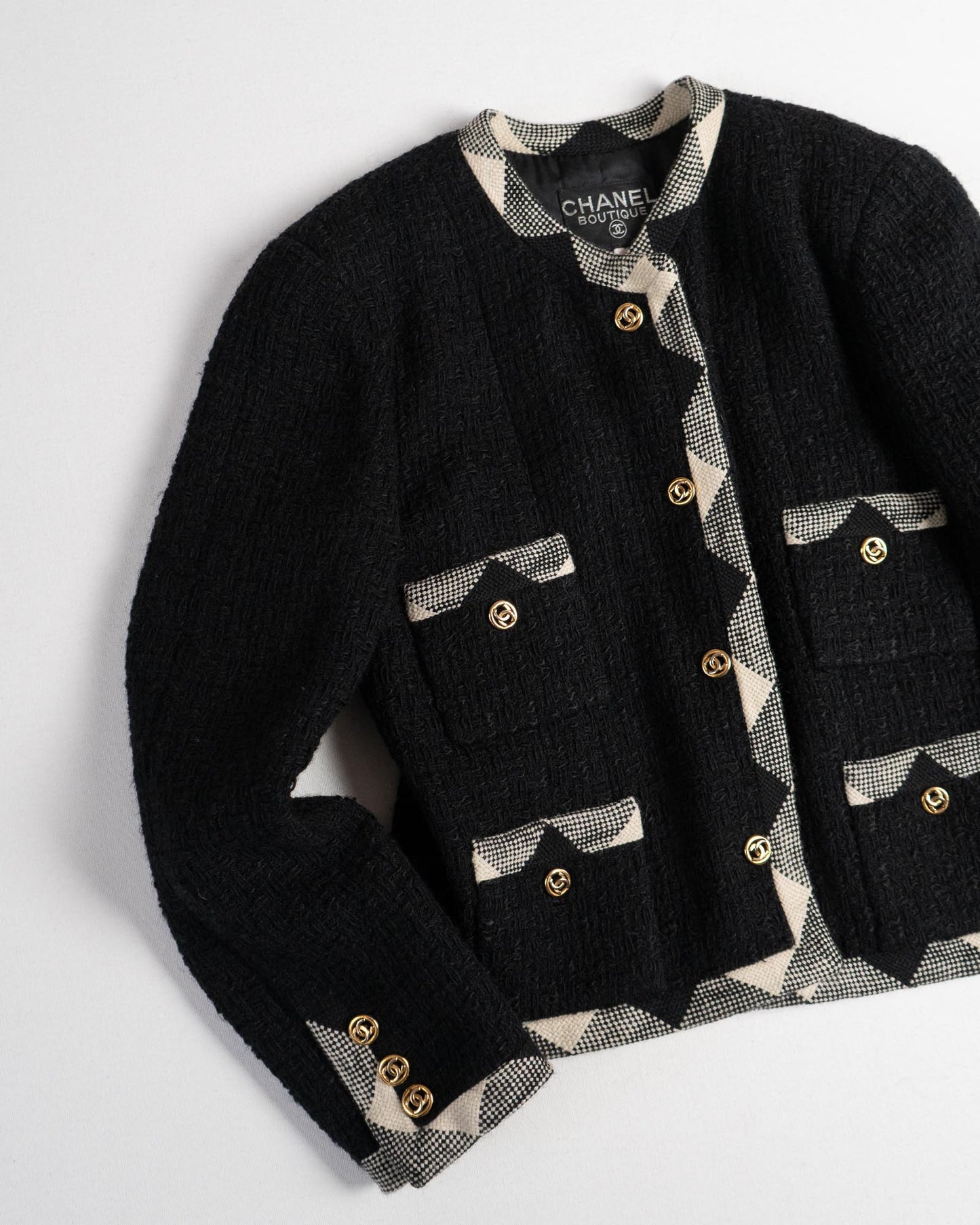 FR38-40 Chanel 1980s Classic Timeless Collarless Four Pocket Black with Contracting Trim Wool Tweed Jacket