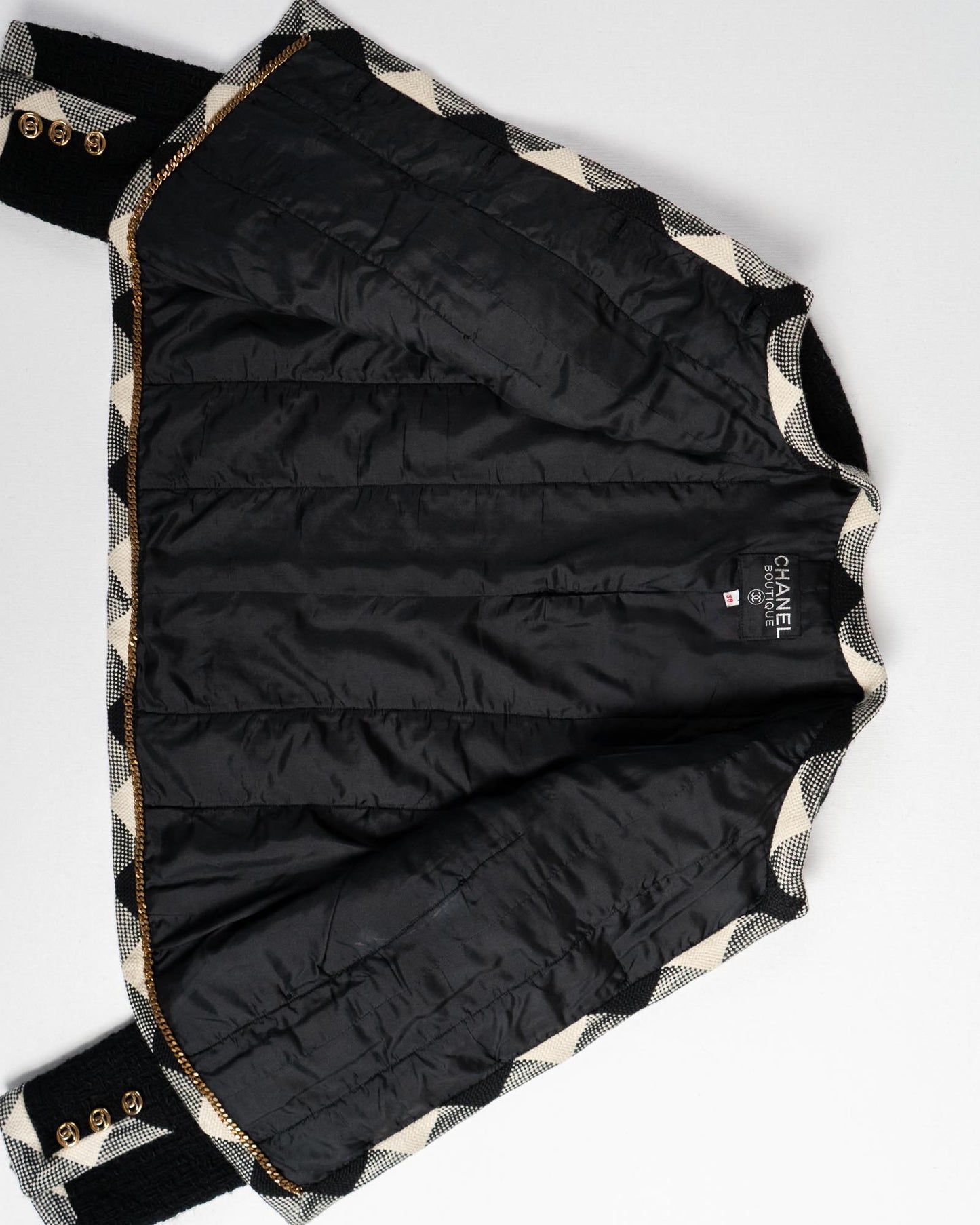 FR38-40 Chanel 1980s Classic Timeless Collarless Four Pocket Black with Contracting Trim Wool Tweed Jacket