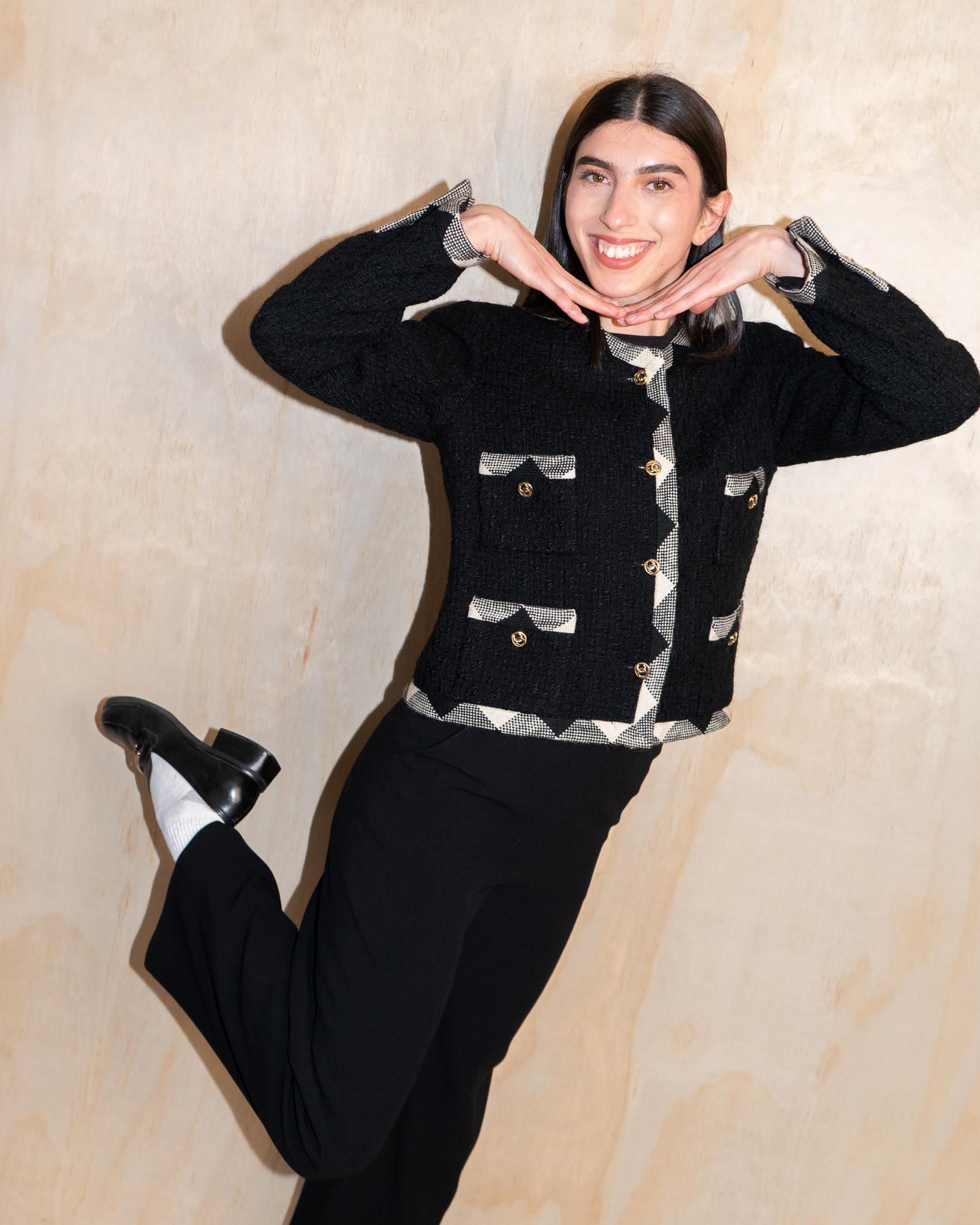 FR38-40 Chanel 1980s Classic Timeless Collarless Four Pocket Black with Contracting Trim Wool Tweed Jacket