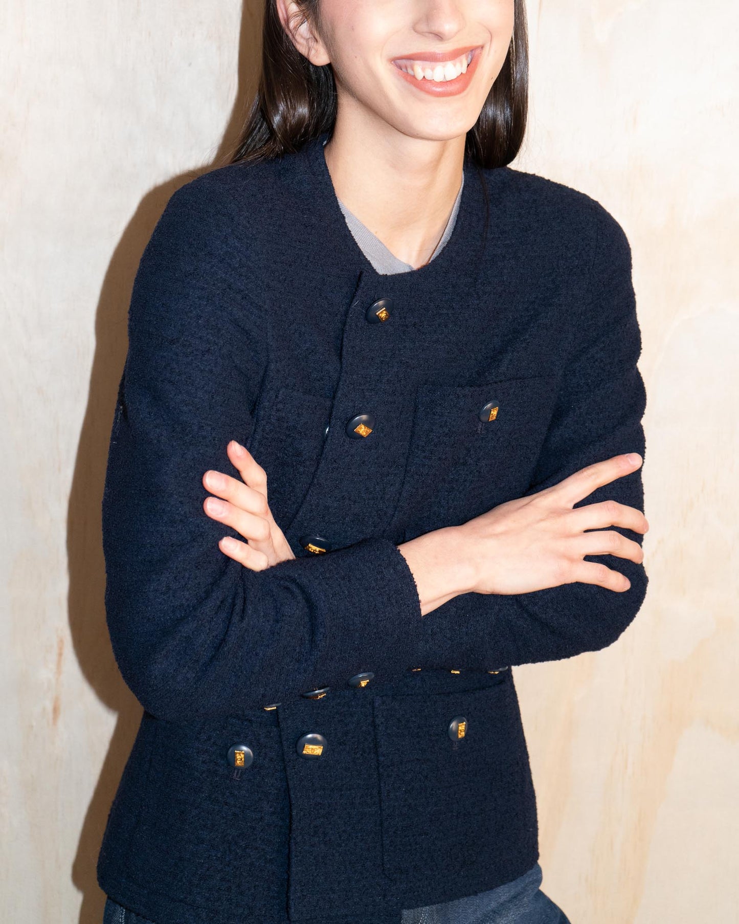 FR38-42 Chanel Cruise 1992 Classic Timeless Collarless Four Pocket Navy Tweed Jacket