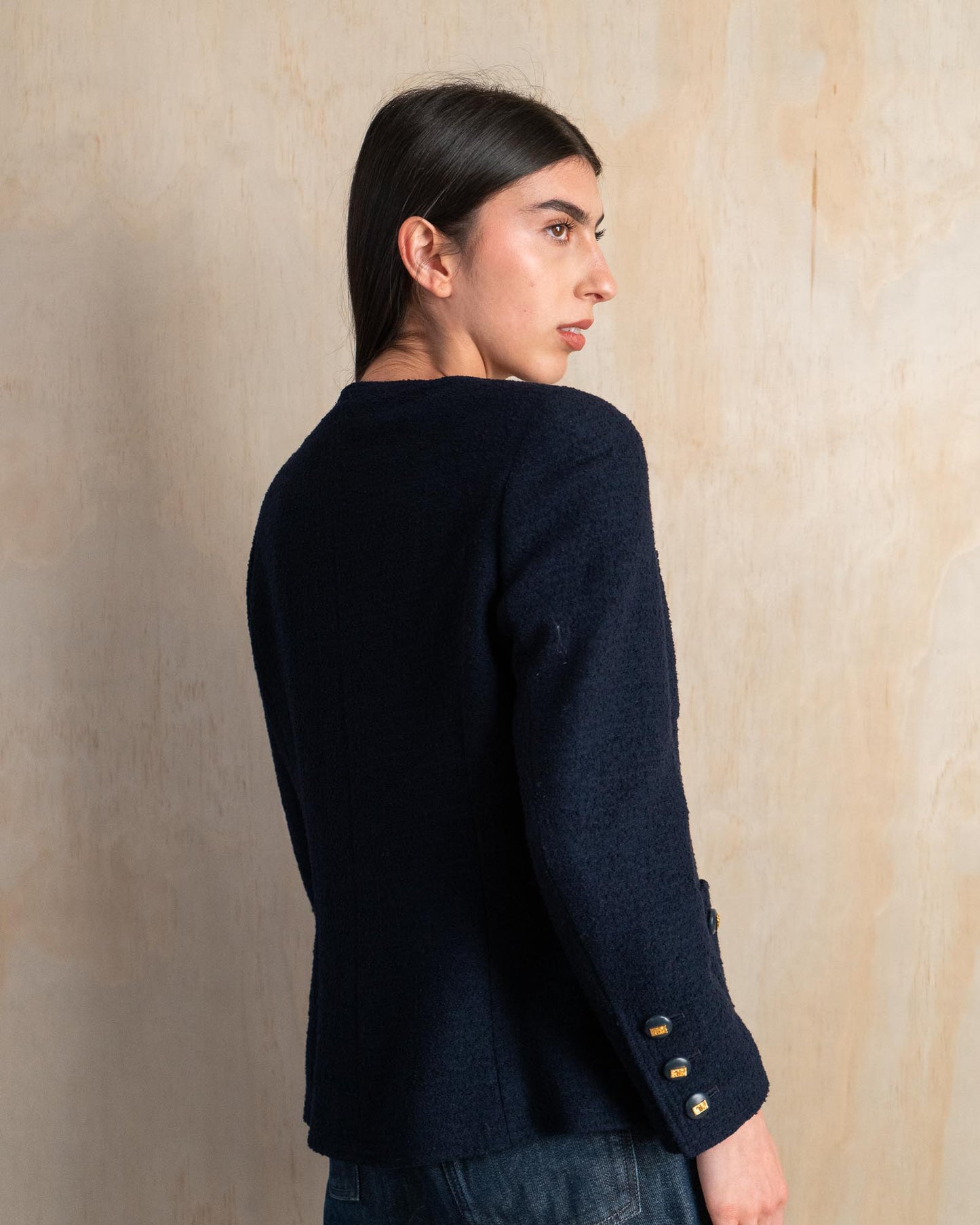 FR38-42 Chanel Cruise 1992 Classic Timeless Collarless Four Pocket Navy Tweed Jacket