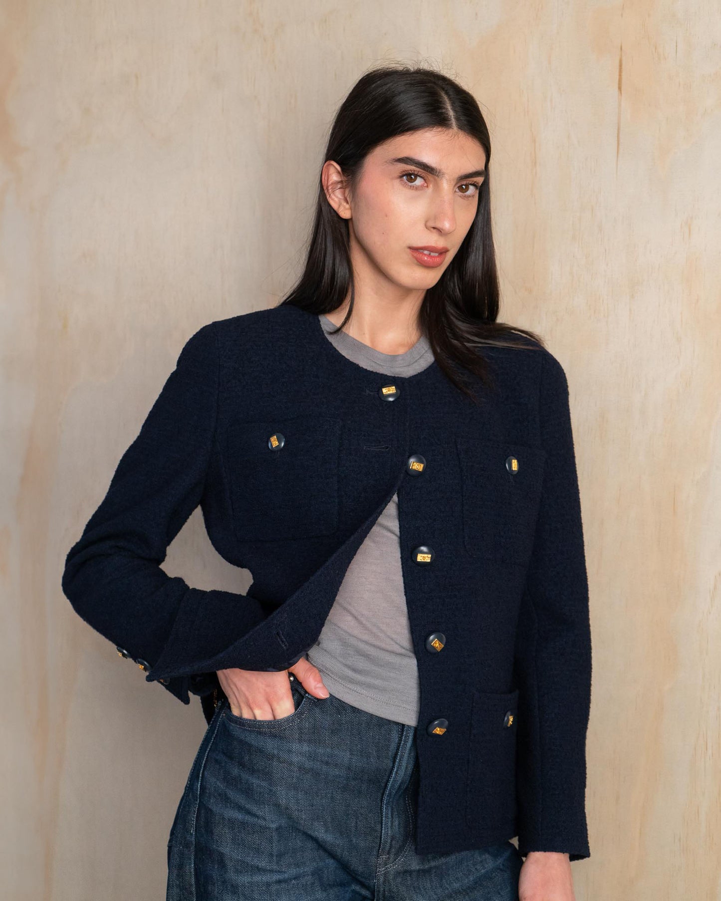 FR38-42 Chanel Cruise 1992 Classic Timeless Collarless Four Pocket Navy Tweed Jacket