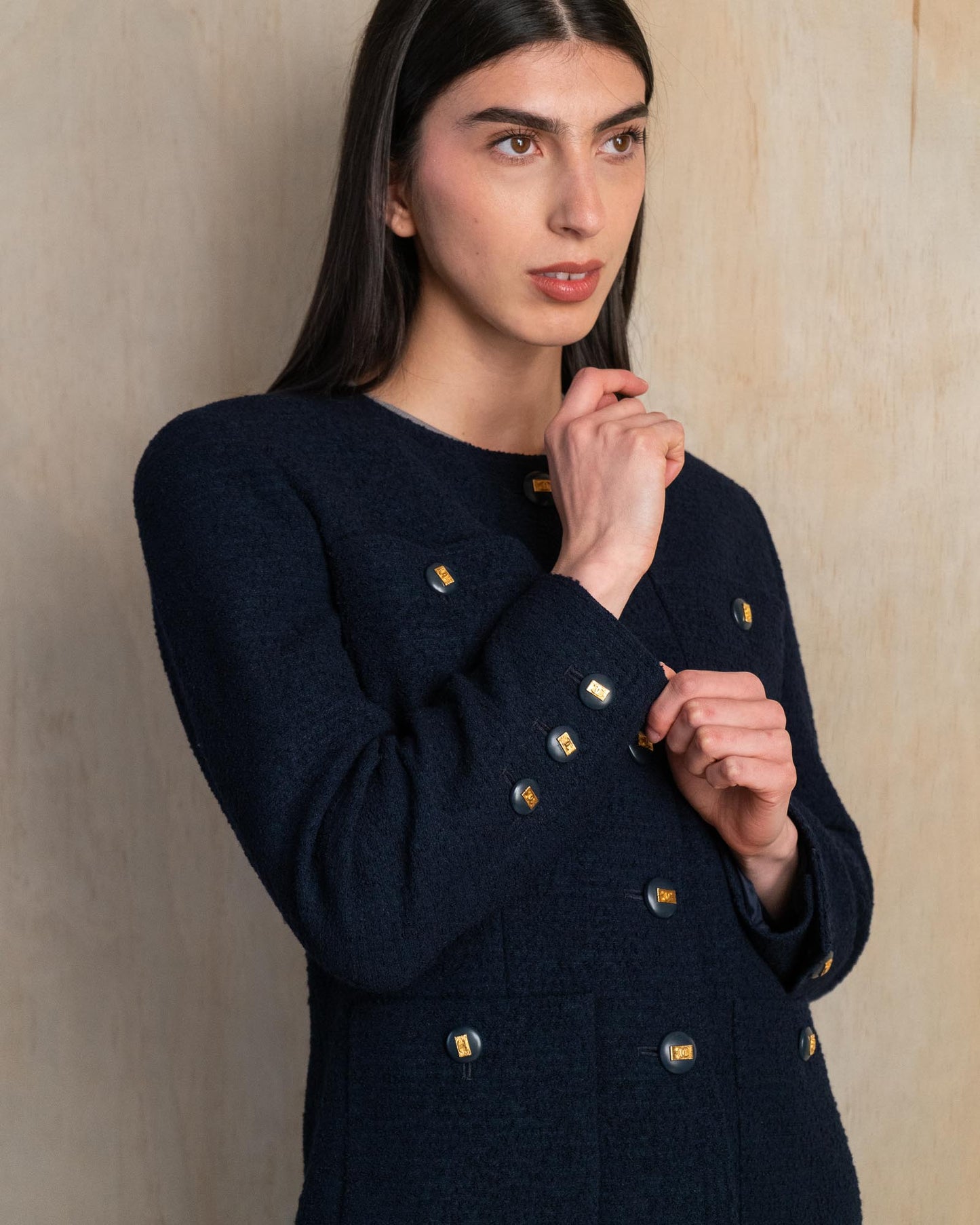 FR38-42 Chanel Cruise 1992 Classic Timeless Collarless Four Pocket Navy Tweed Jacket