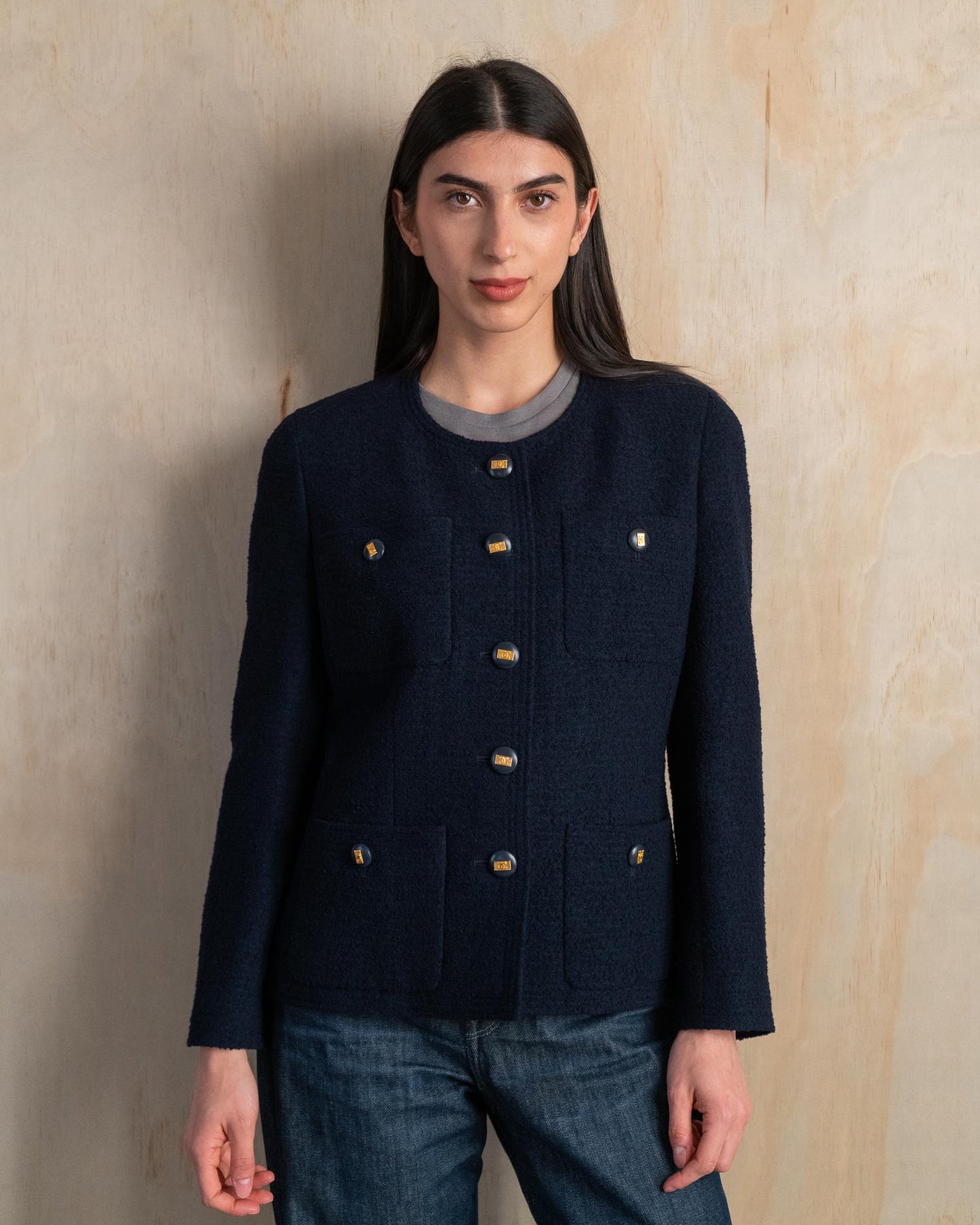 FR38-42 Chanel Cruise 1992 Classic Timeless Collarless Four Pocket Navy Tweed Jacket