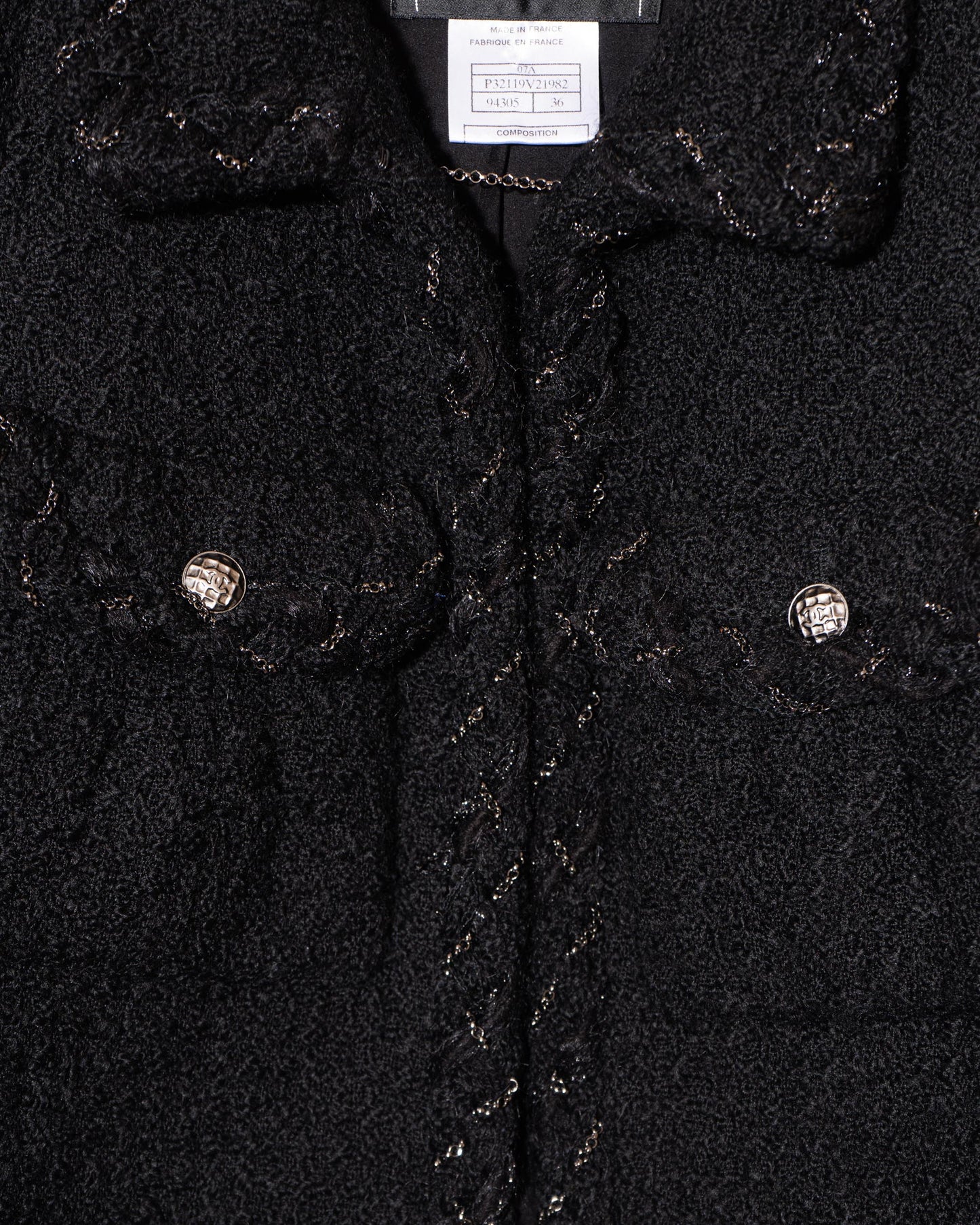 FR36 Chanel Fall 2007 Cropped Two Pocket Metal Detail Trim Black Tweed Jacket