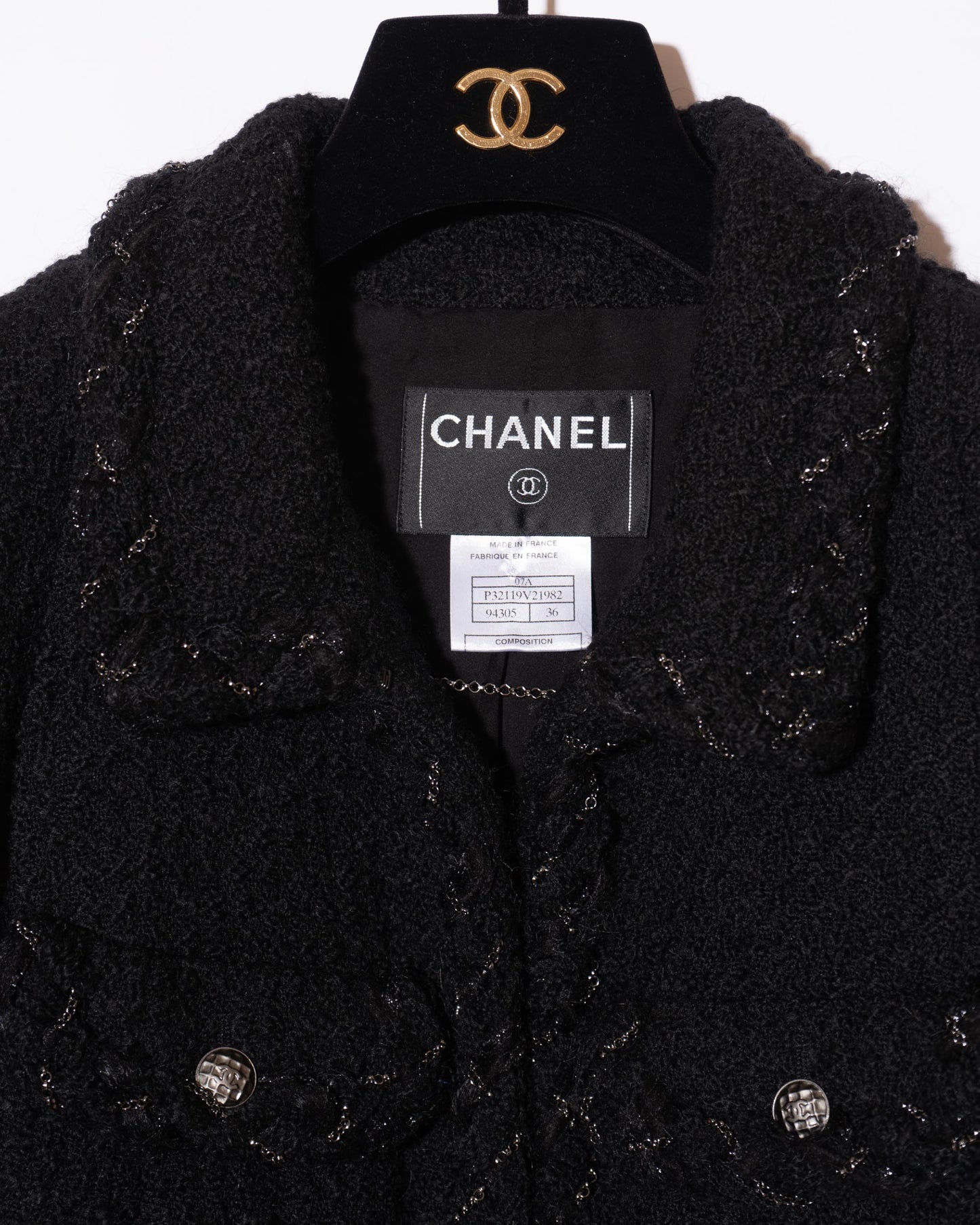 FR36 Chanel Fall 2007 Cropped Two Pocket Metal Detail Trim Black Tweed Jacket