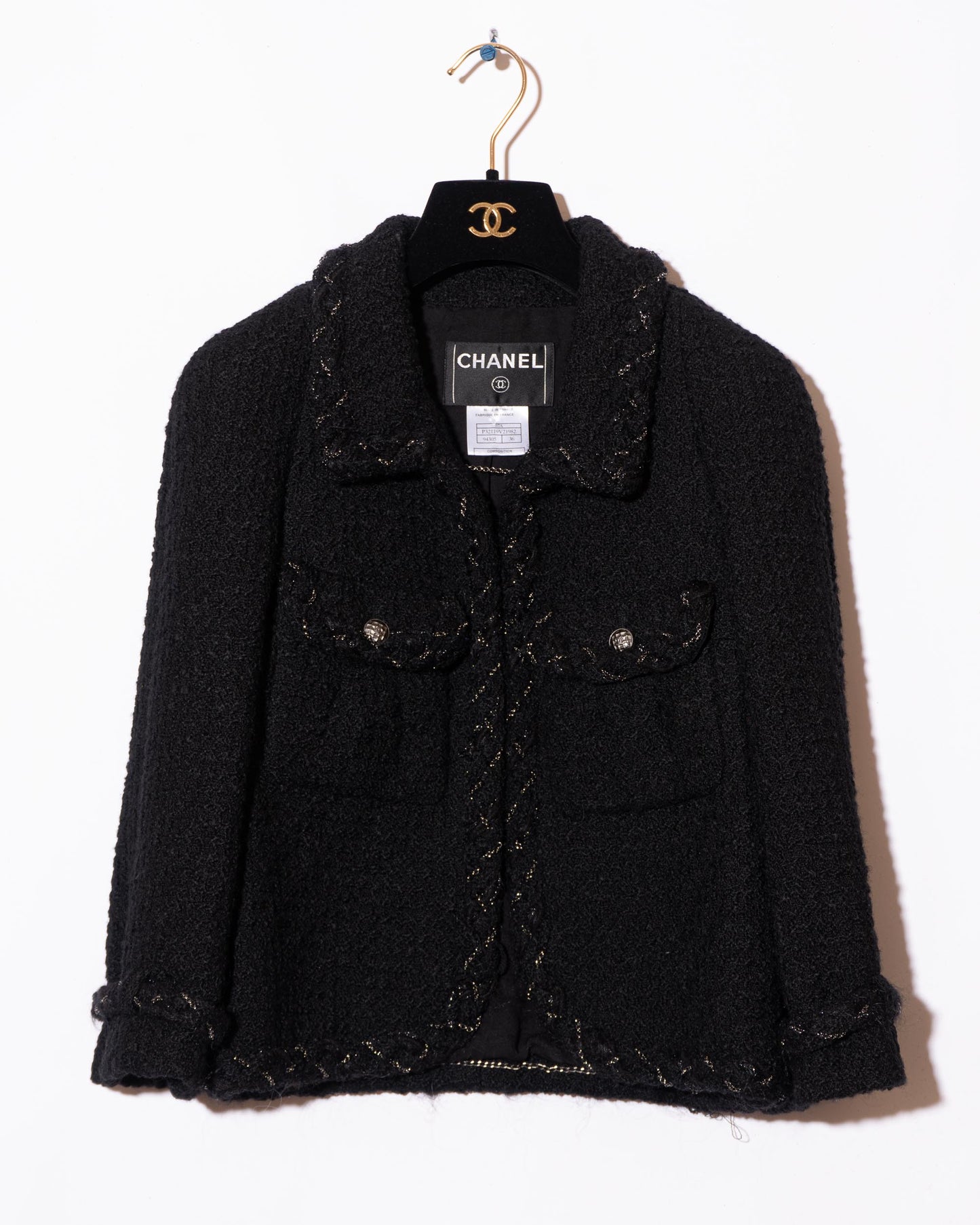 FR36 Chanel Fall 2007 Cropped Two Pocket Metal Detail Trim Black Tweed Jacket