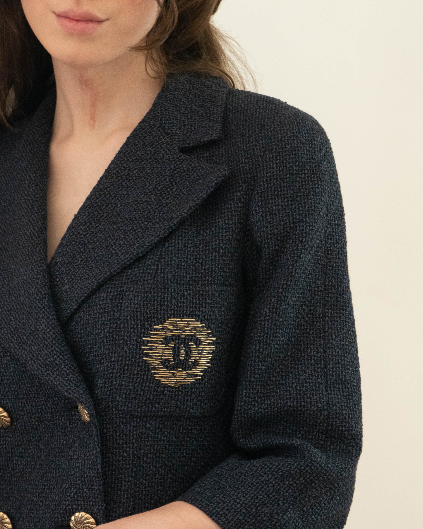 FR36-38 Chanel Spring 2012 Three Pocket Interlocking C Embroidered Logo Navy Tweed Double Breasted Jacket - Vintage Chanel Jacket -   - Rarchive.