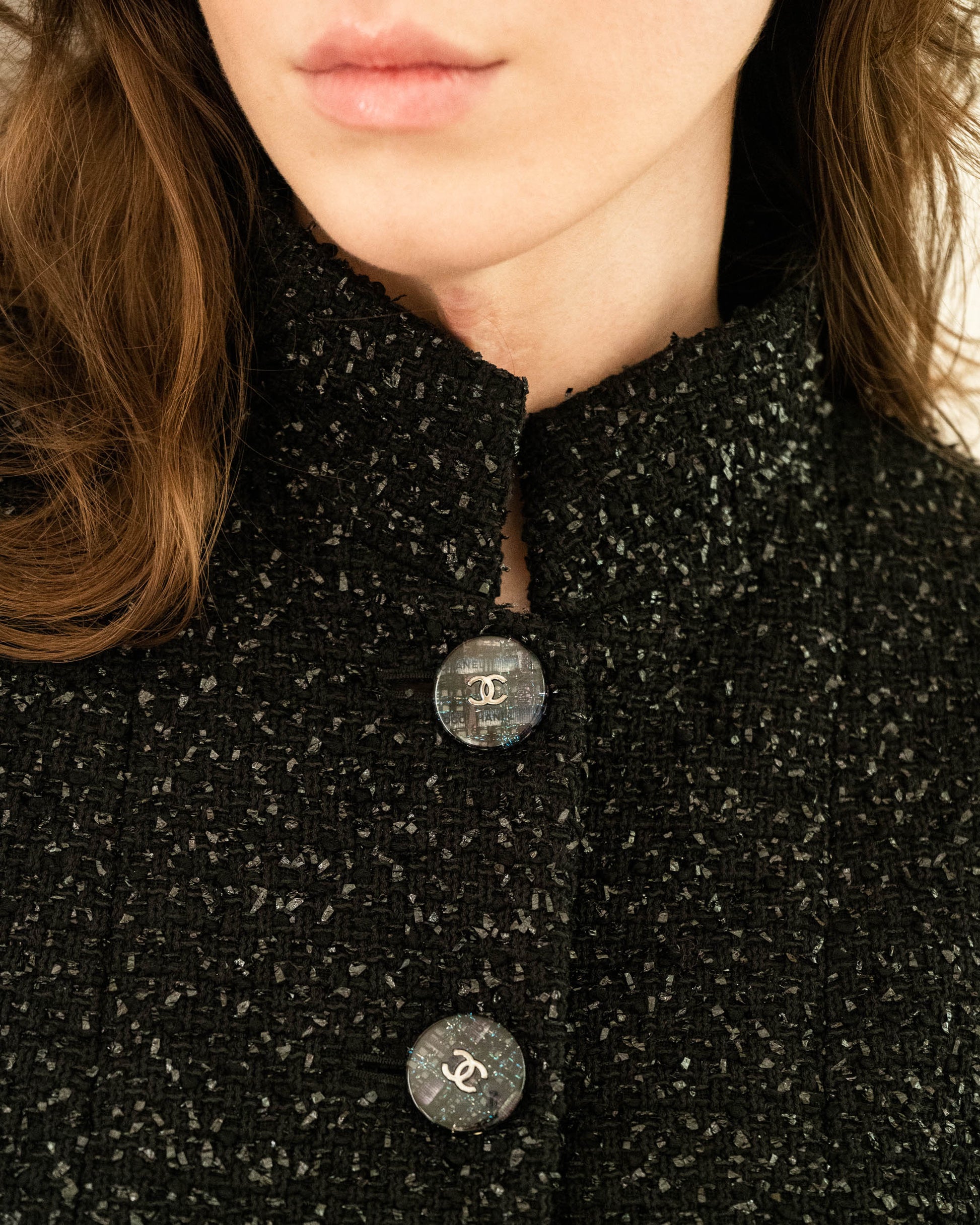 FR38-40 Chanel Spring 2019 High Collar Two Pocket Black Shimmering Fantasy Tweed Jacket - Vintage Chanel Jacket -   - Rarchive.
