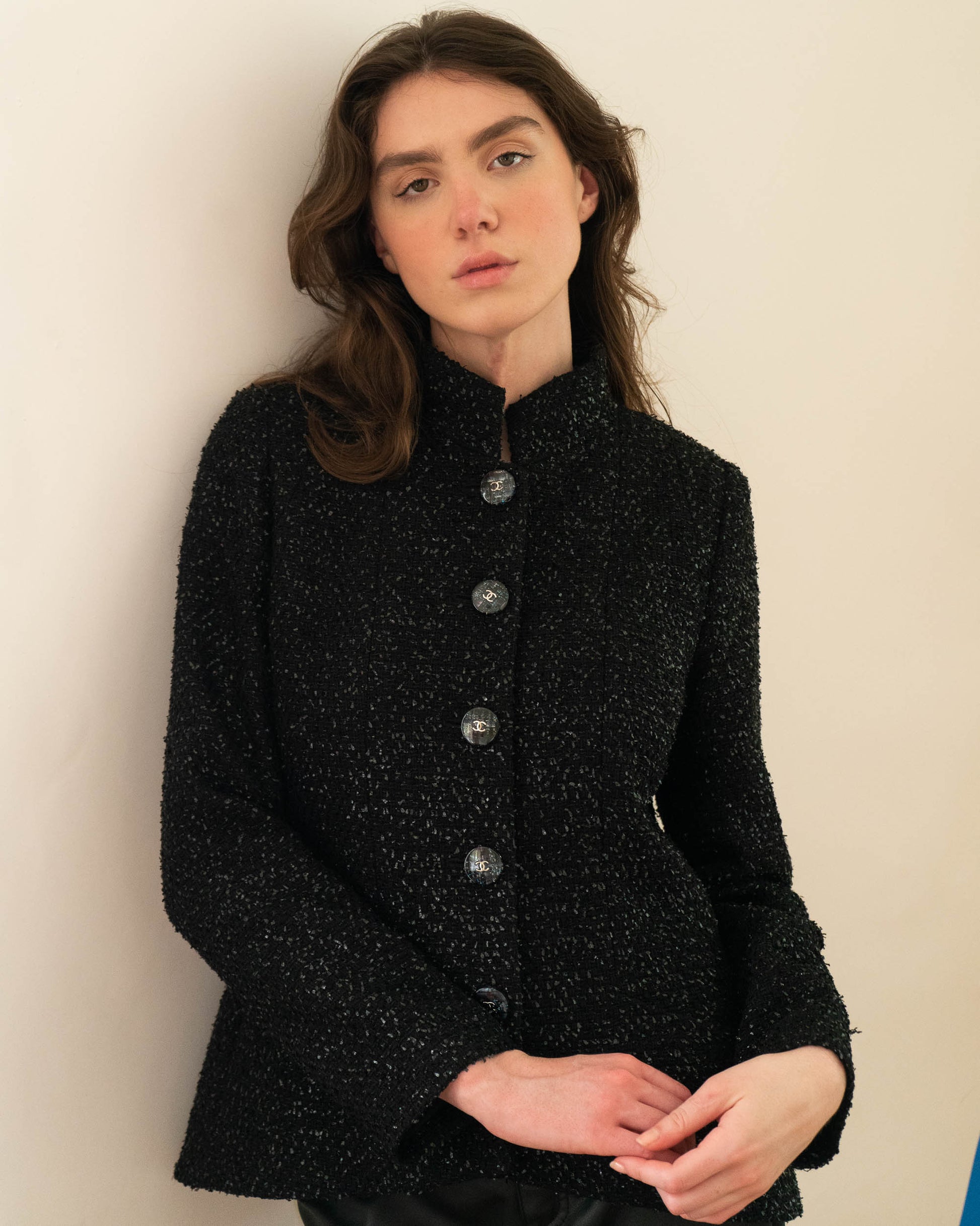 FR38-40 Chanel Spring 2019 High Collar Two Pocket Black Shimmering Fantasy Tweed Jacket - Vintage Chanel Jacket -   - Rarchive.