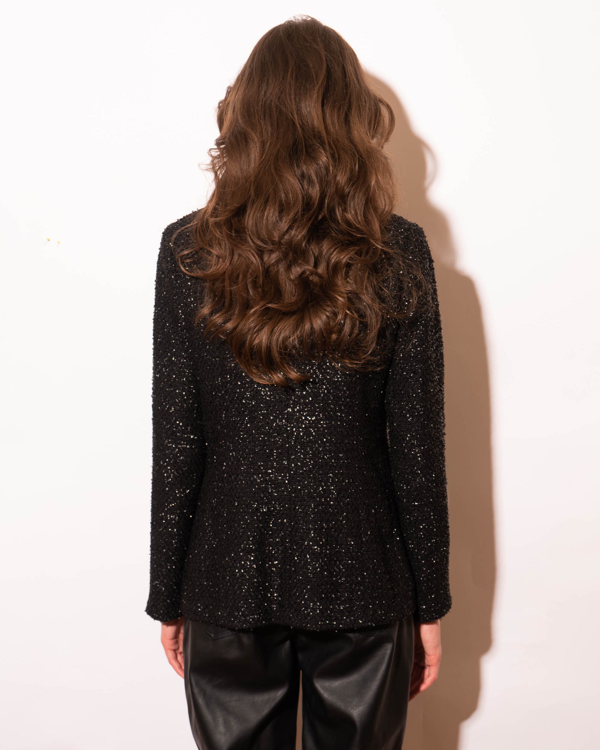 FR38-40 Chanel Spring 2019 High Collar Two Pocket Black Shimmering Fantasy Tweed Jacket - Vintage Chanel Jacket -   - Rarchive.