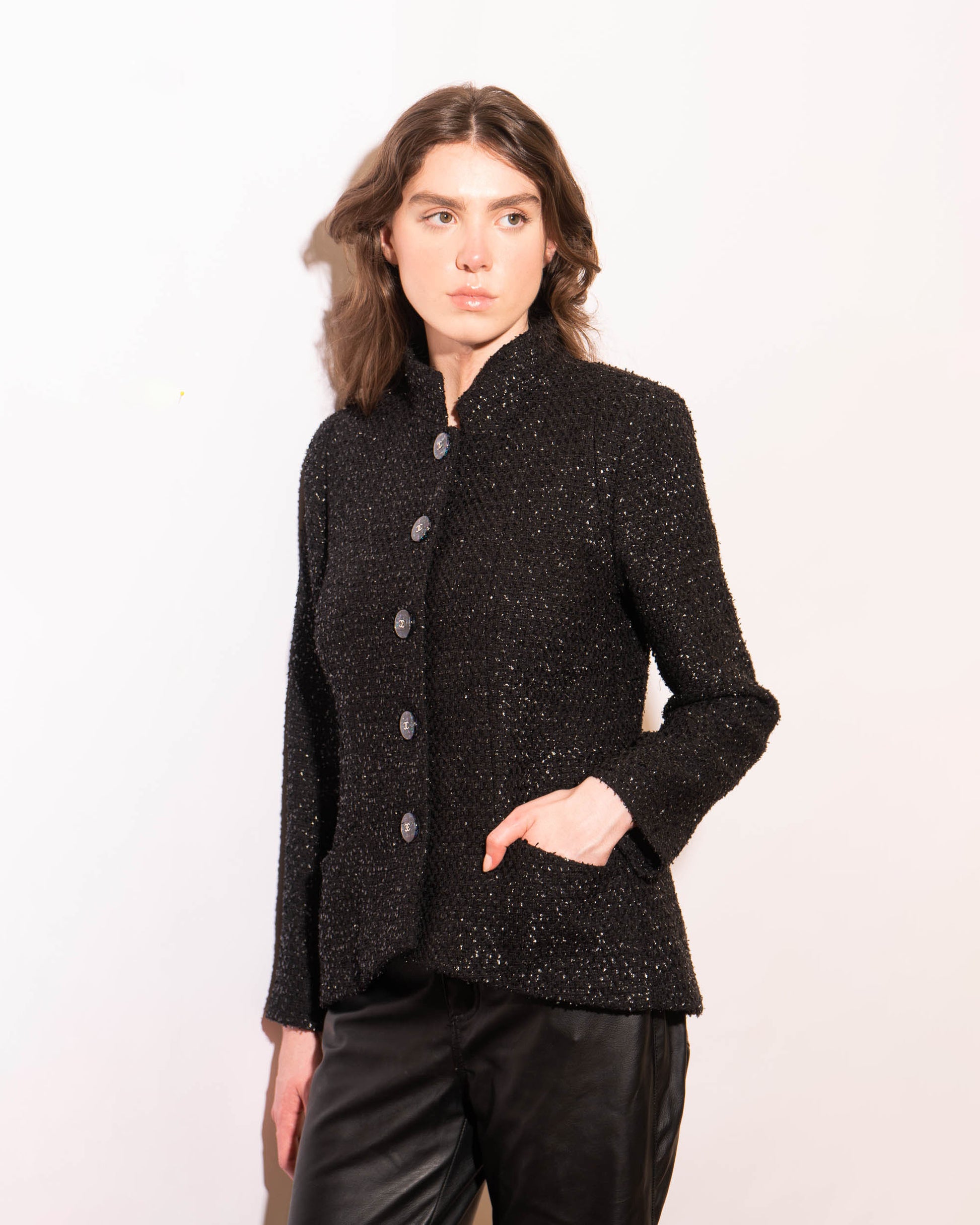 FR38-40 Chanel Spring 2019 High Collar Two Pocket Black Shimmering Fantasy Tweed Jacket - Vintage Chanel Jacket -   - Rarchive.