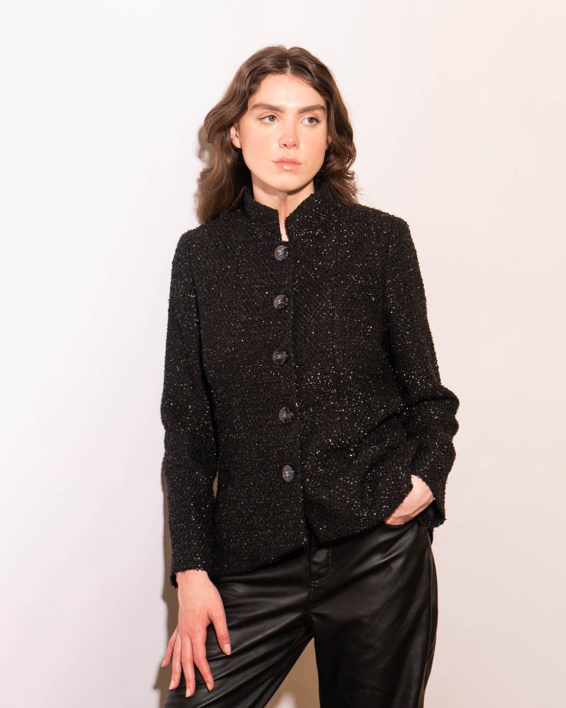 FR38-40 Chanel Spring 2019 High Collar Two Pocket Black Shimmering Fantasy Tweed Jacket - Vintage Chanel Jacket -   - Rarchive.