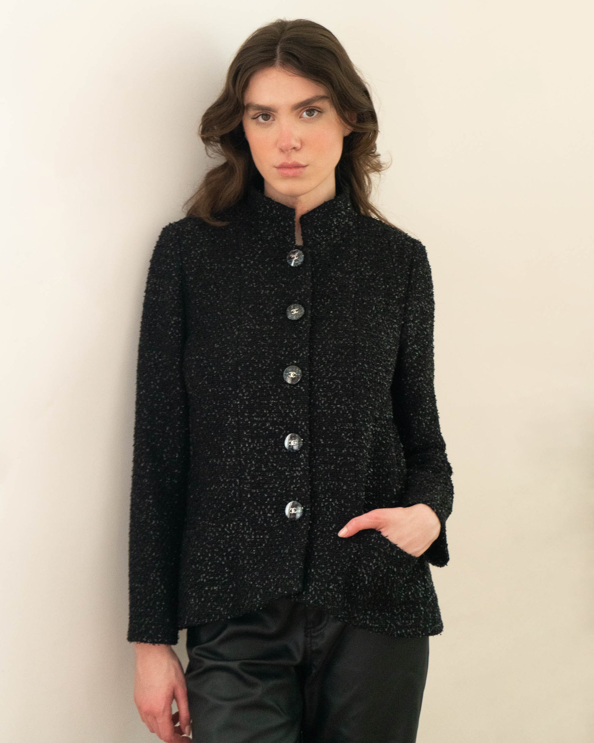 FR38-40 Chanel Spring 2019 High Collar Two Pocket Black Shimmering Fantasy Tweed Jacket - Vintage Chanel Jacket -   - Rarchive.