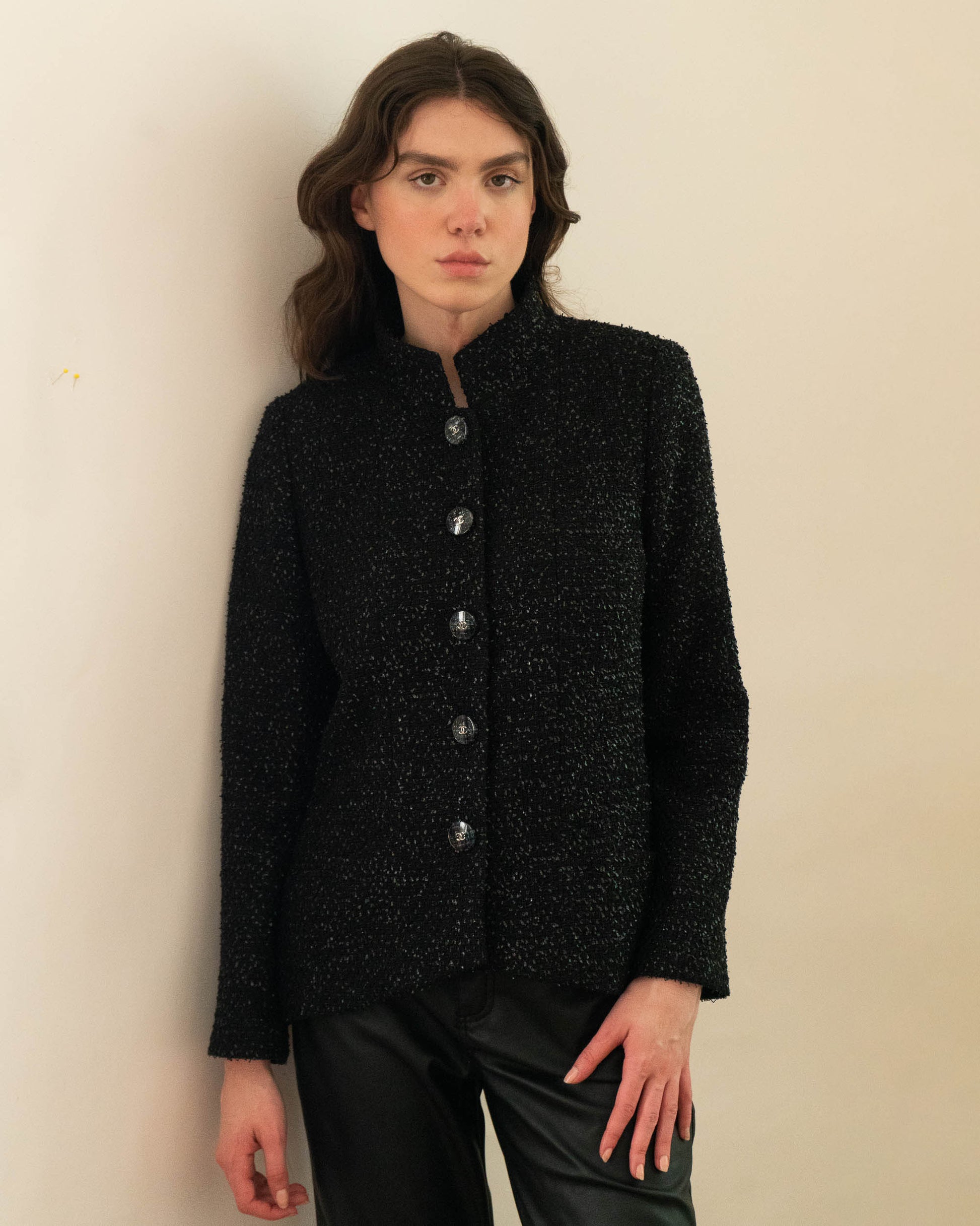 FR38-40 Chanel Spring 2019 High Collar Two Pocket Black Shimmering Fantasy Tweed Jacket - Vintage Chanel Jacket -   - Rarchive.