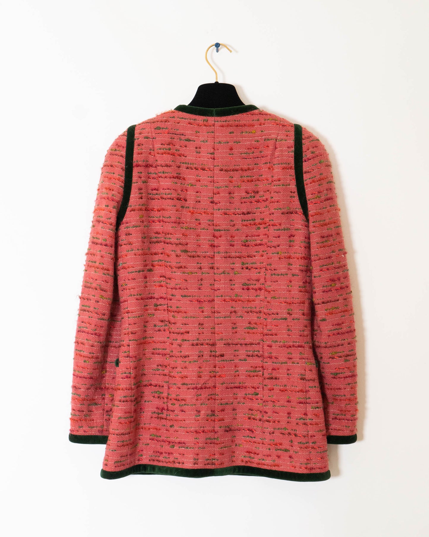 FR36-38 Chanel 1990s Classic Collarless Four Pocket Velvet Trim Pink Fantasy Tweed Jacket