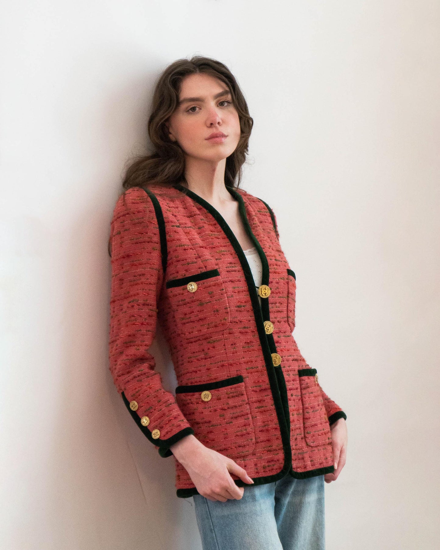 FR36-38 Chanel 1990s Classic Collarless Four Pocket Velvet Trim Pink Fantasy Tweed Jacket