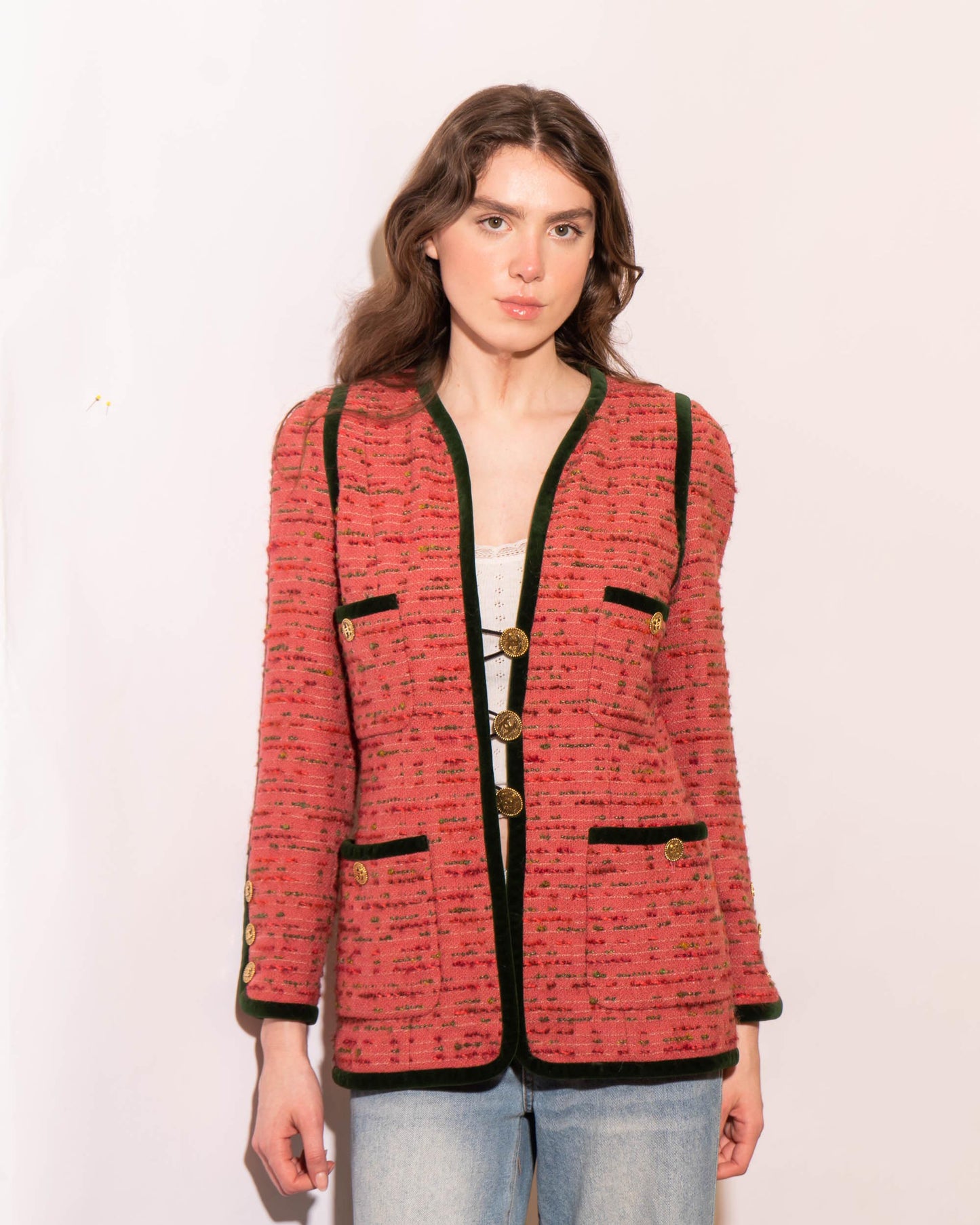 FR36-38 Chanel 1990s Classic Collarless Four Pocket Velvet Trim Pink Fantasy Tweed Jacket