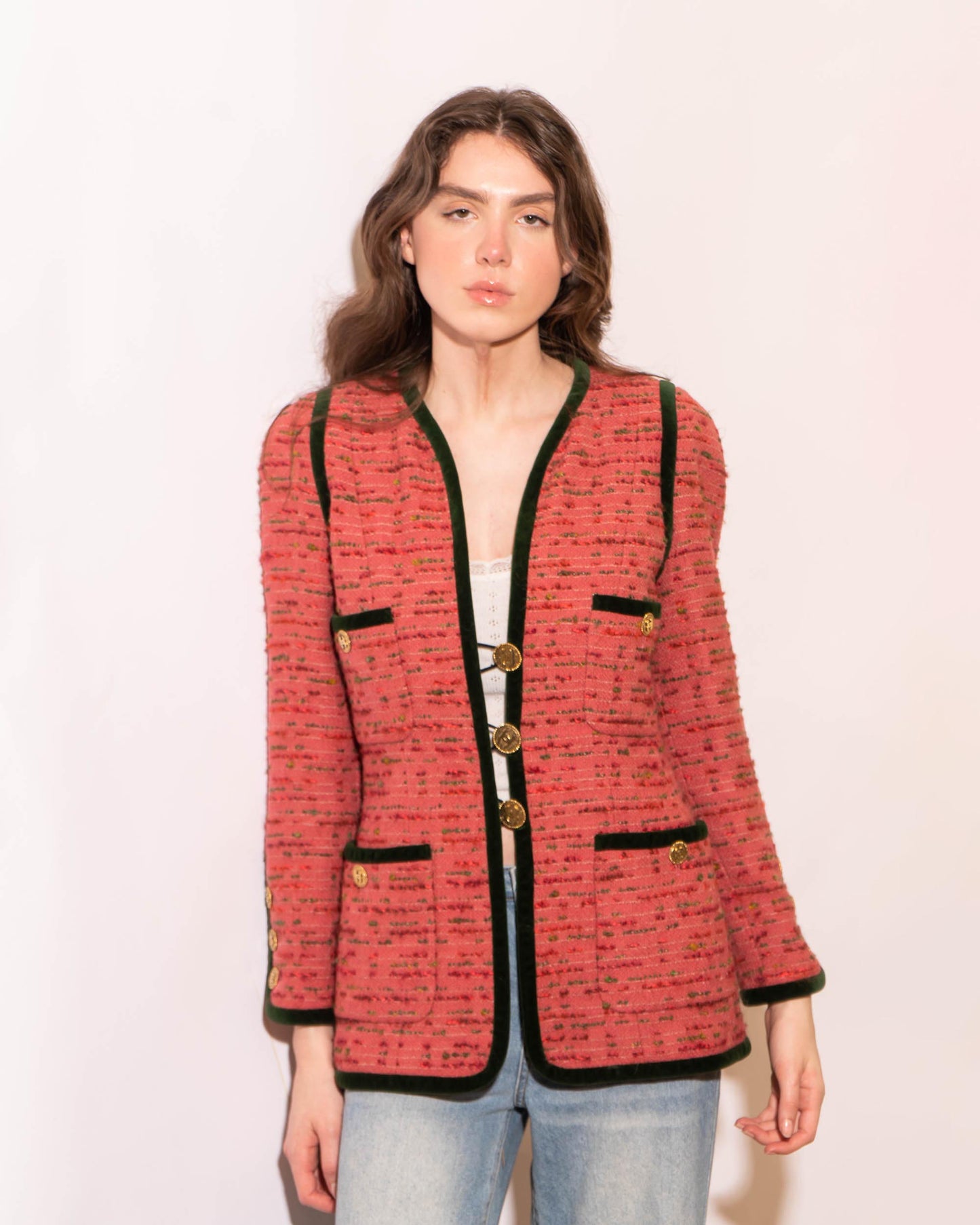 FR36-38 Chanel 1990s Classic Collarless Four Pocket Velvet Trim Pink Fantasy Tweed Jacket