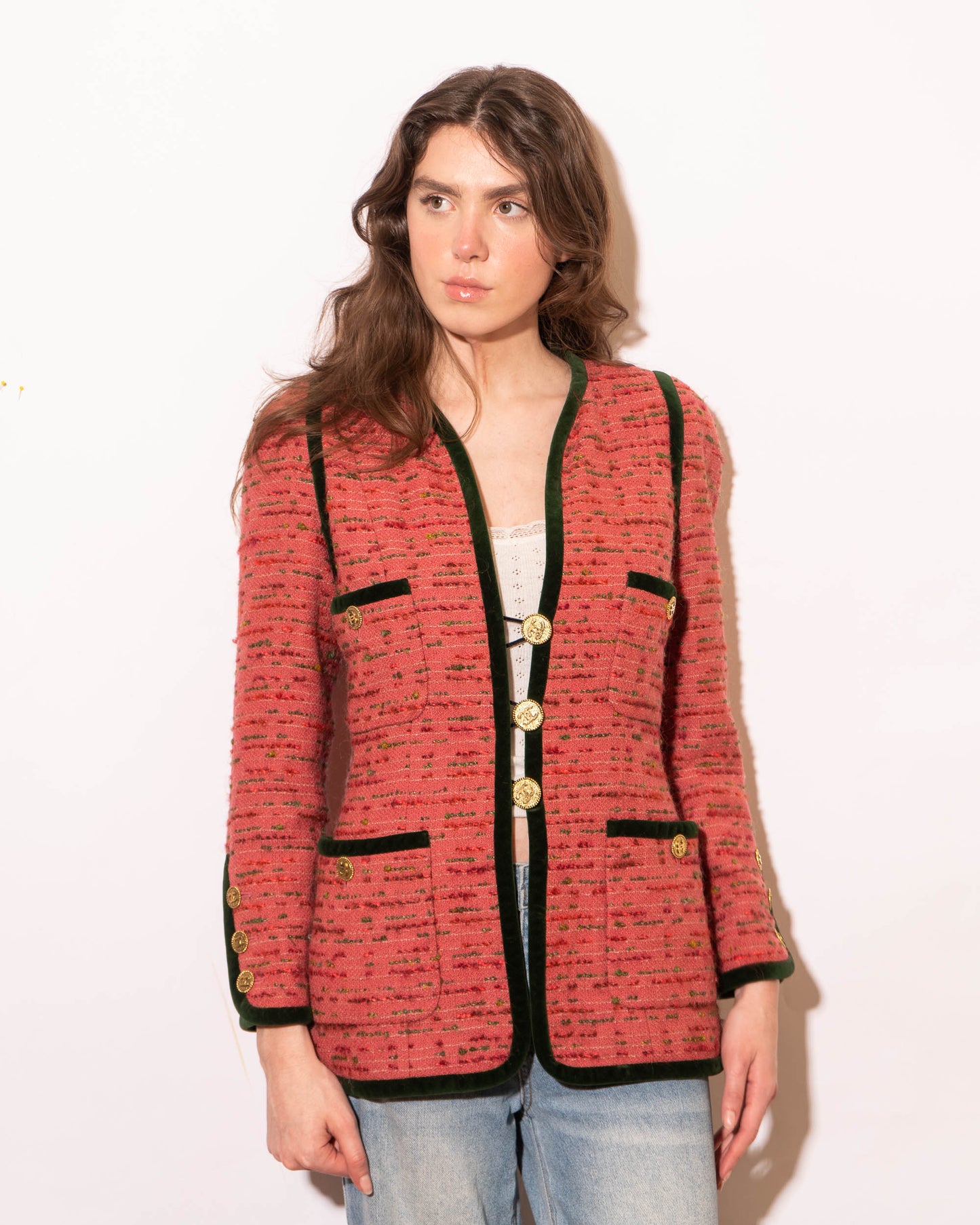 FR36-38 Chanel 1990s Classic Collarless Four Pocket Velvet Trim Pink Fantasy Tweed Jacket