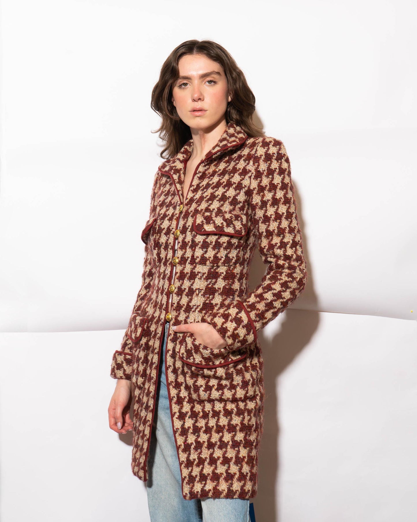 FR34-36 Rare Chanel Fall 1990 Four-Pocketed Houndstooth Tweed Coat