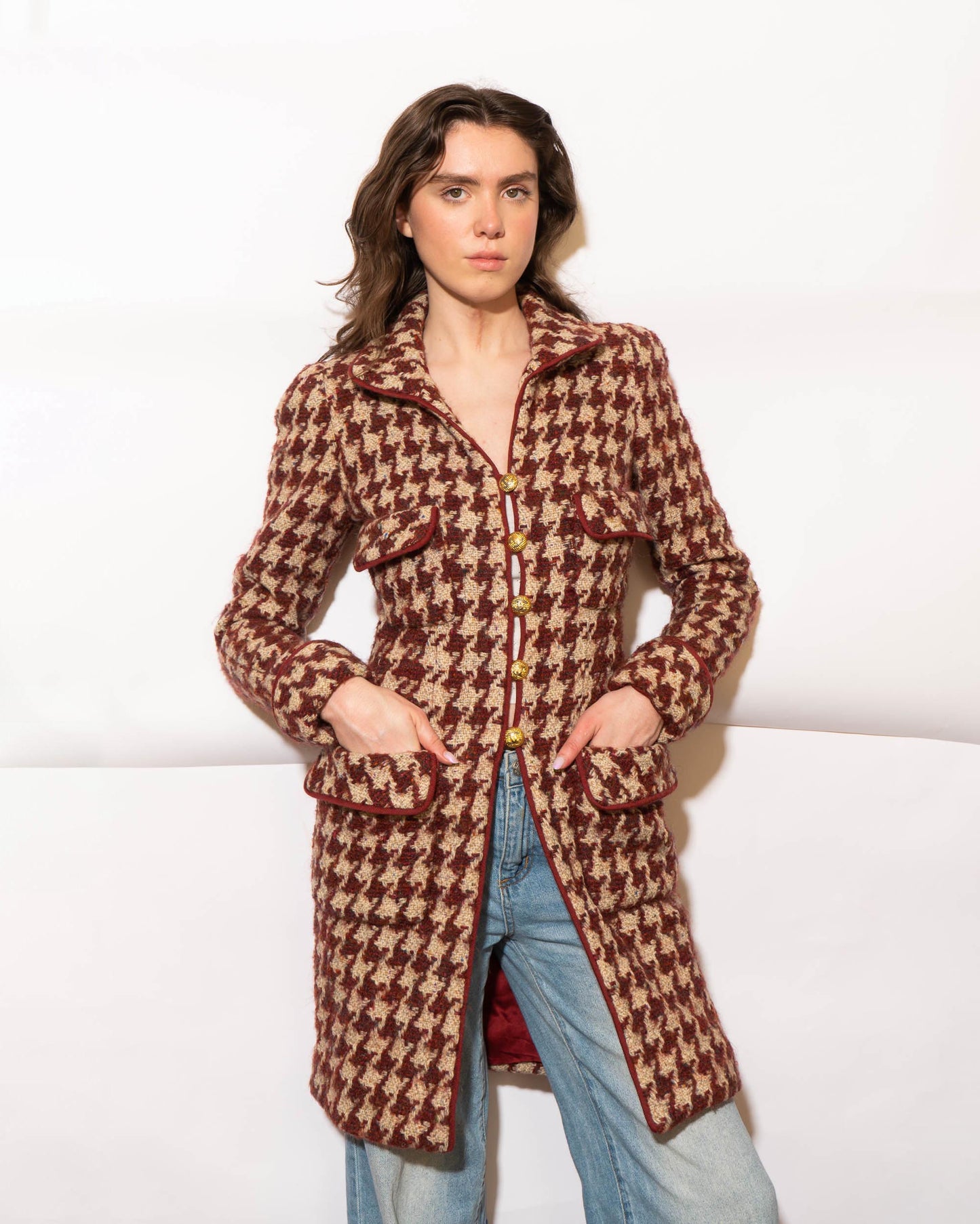 FR34-36 Rare Chanel Fall 1990 Four-Pocketed Houndstooth Tweed Coat