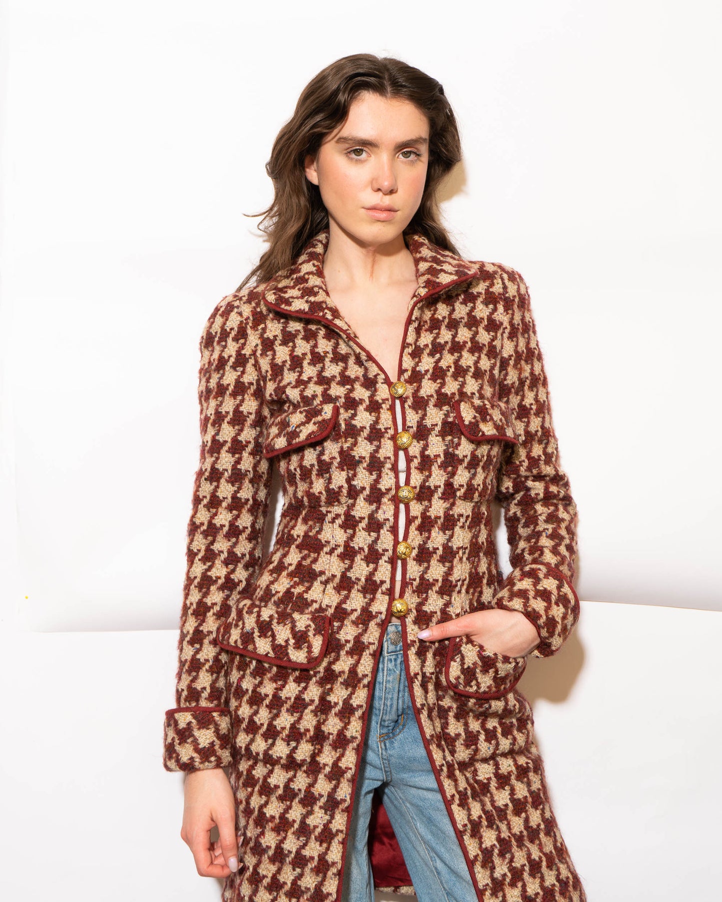 FR34-36 Rare Chanel Fall 1990 Four-Pocketed Houndstooth Tweed Coat