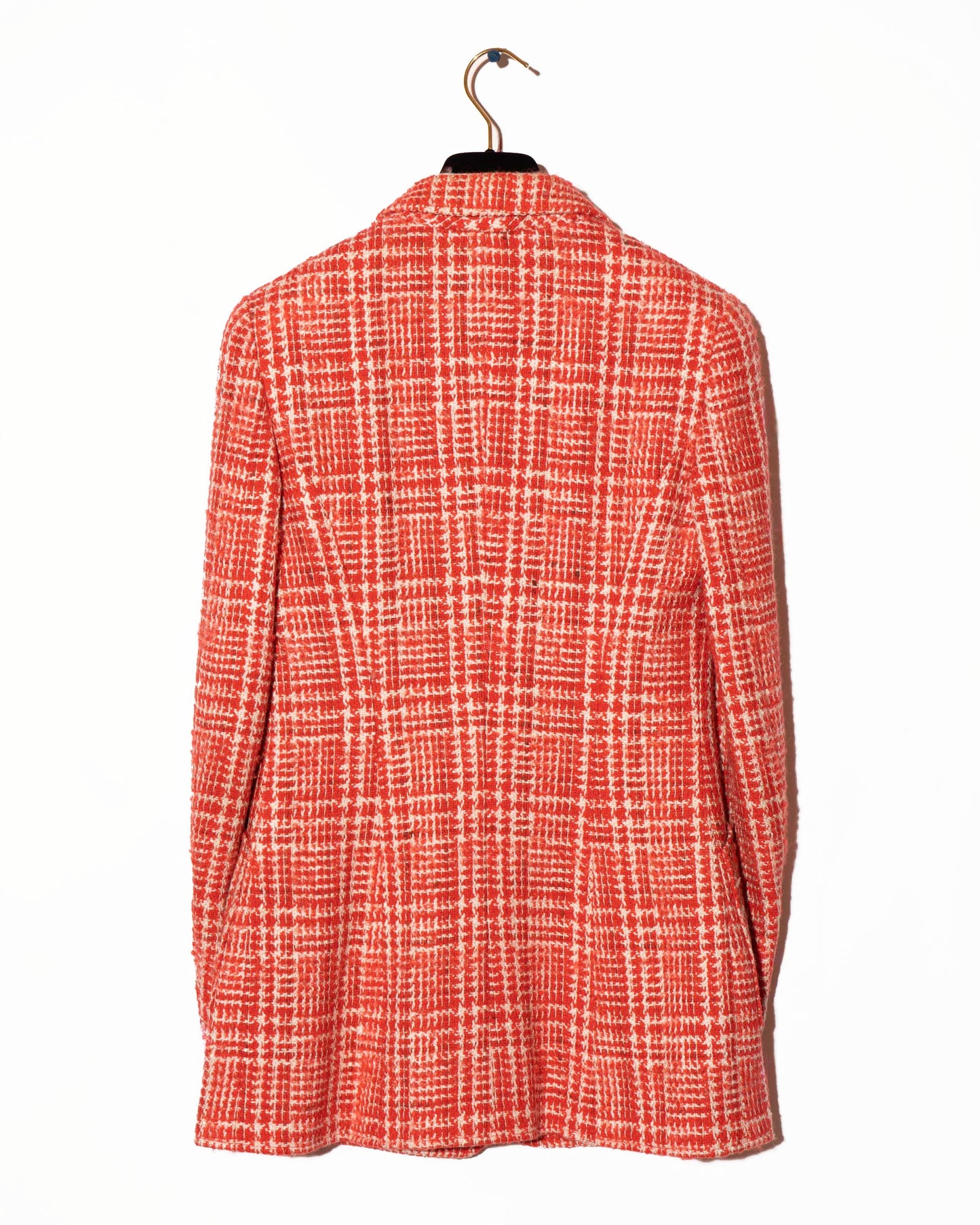 FR34-36 Chanel Spring 1997 Red and White Wool Tweed Longline Blazer with Patch Pockets and Structured Cut