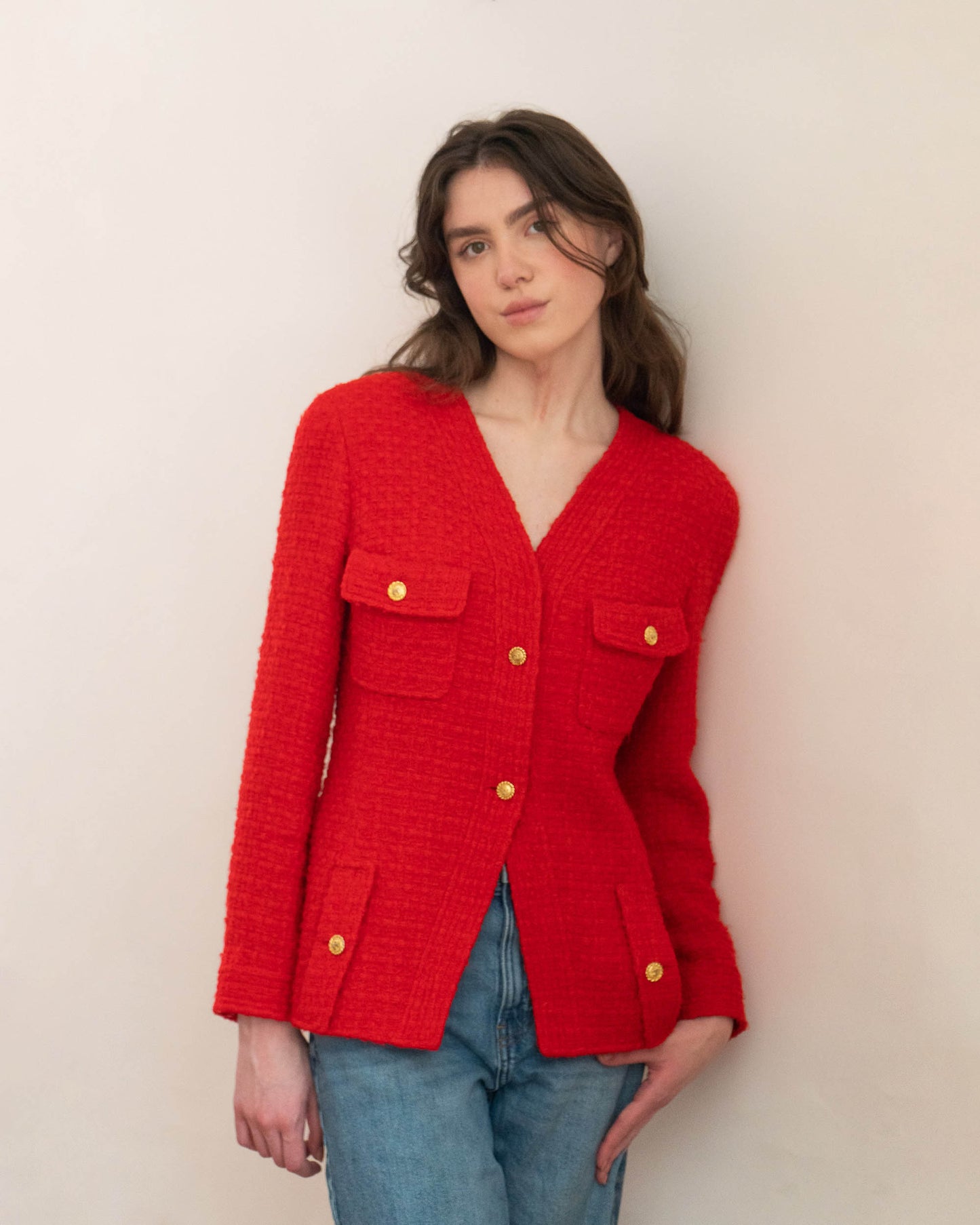 FR38-40 Rare Chanel Spring 1989 Four Pocket Collarless Bright Red Tweed Jacket