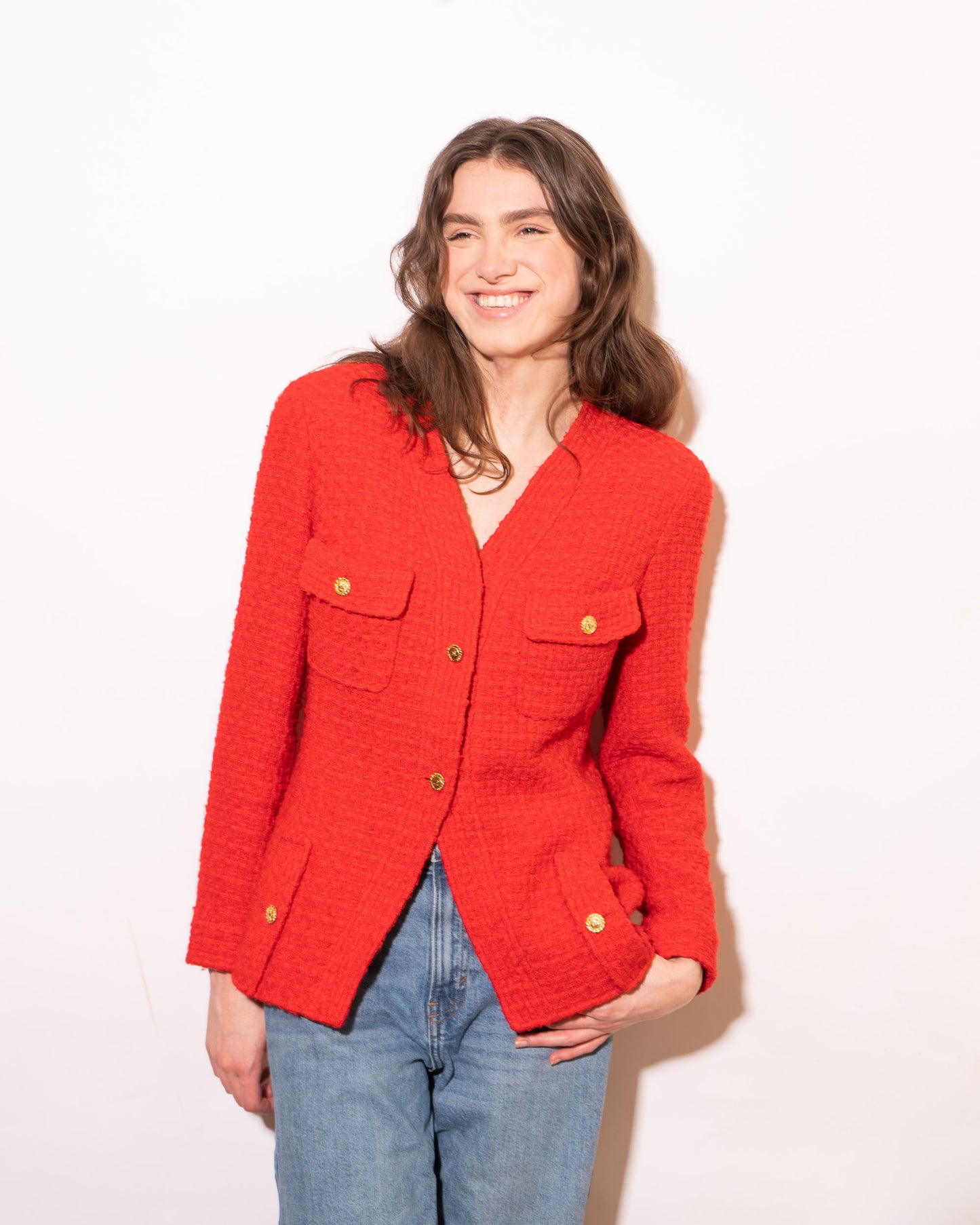 FR38-40 Rare Chanel Spring 1989 Four Pocket Collarless Bright Red Tweed Jacket