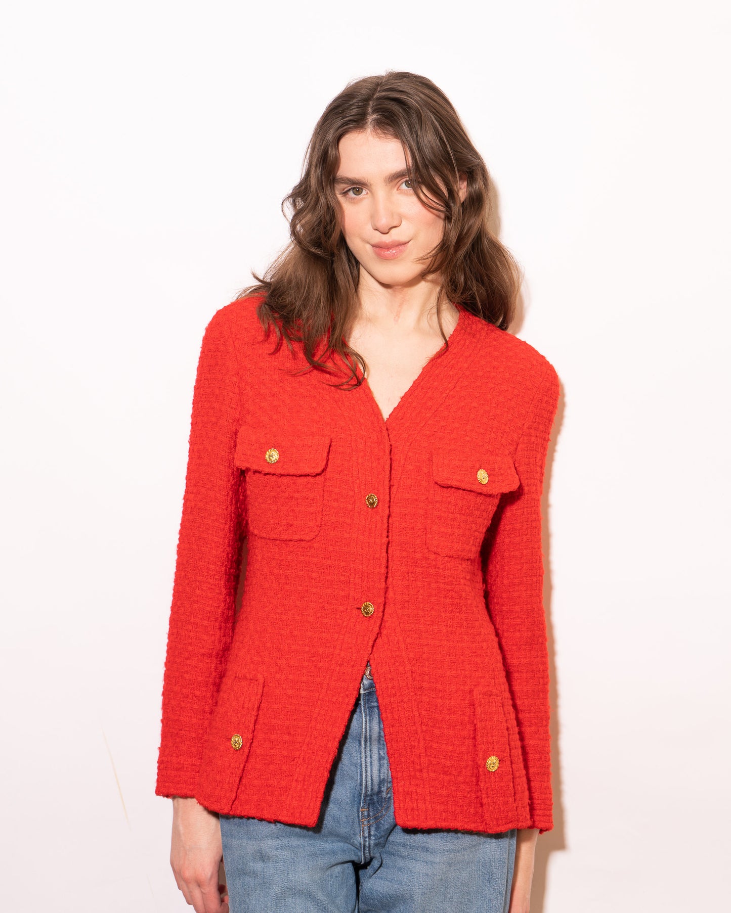 FR38-40 Rare Chanel Spring 1989 Four Pocket Collarless Bright Red Tweed Jacket