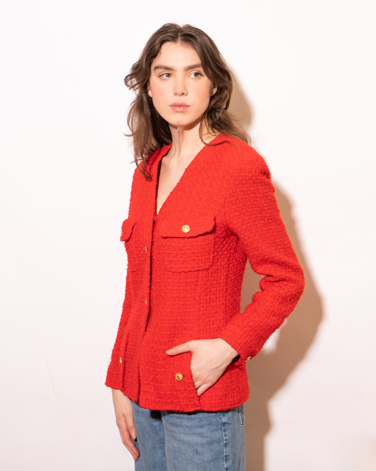 FR38-40 Rare Chanel Spring 1989 Four Pocket Collarless Bright Red Tweed Jacket