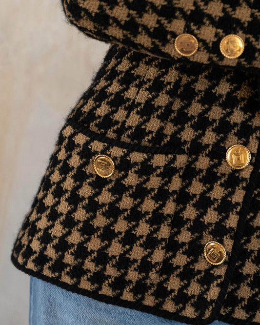 FR40-42 Chanel Fall 1986 Collarless Four Pocket Black and Brown Houndstooth Wool Tweed Jacket