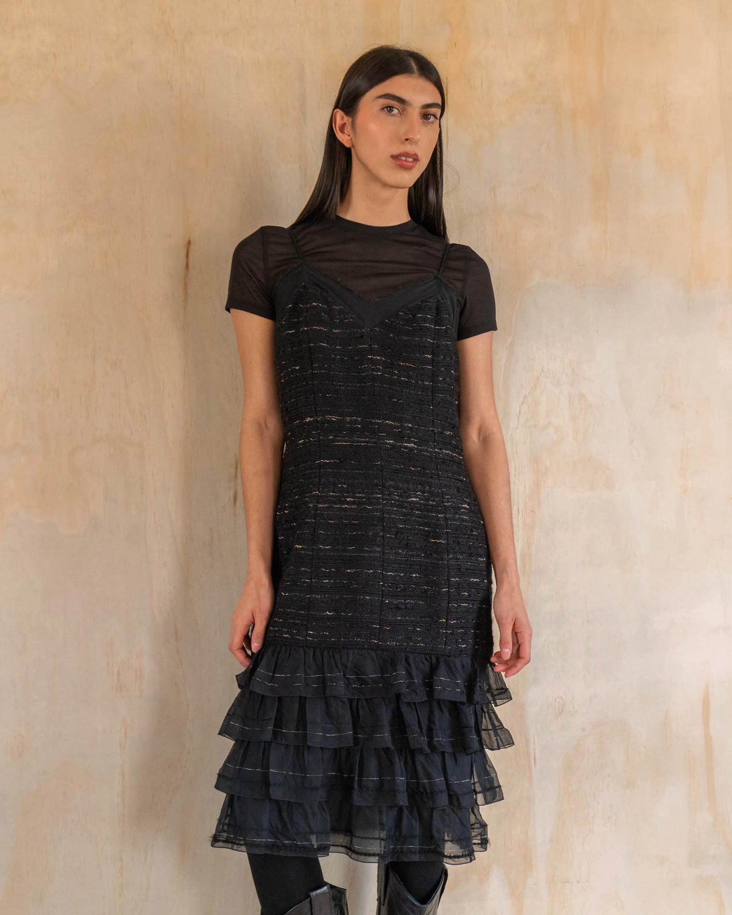 FR42-44 Chanel Fall 2004 Tweed Slip Dress with Tiered Organza Hem