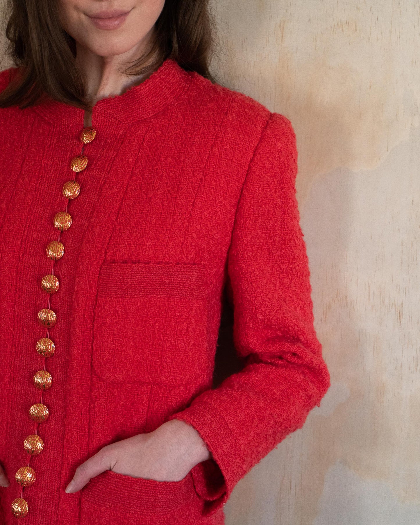 FR42-46 Rare Chanel Haute Couture Fall 1992 Timeless Four Pocket Red Tweed Jacket