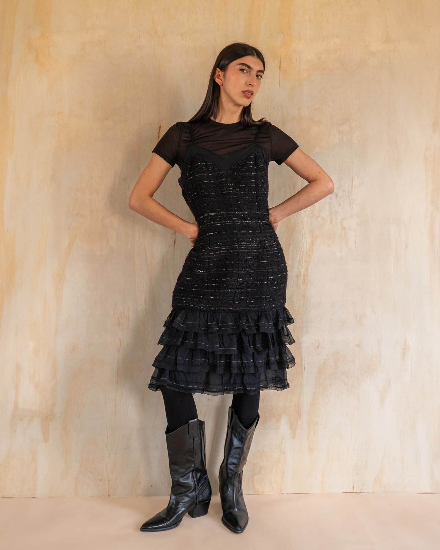 FR42-44 Chanel Fall 2004 Tweed Slip Dress with Tiered Organza Hem