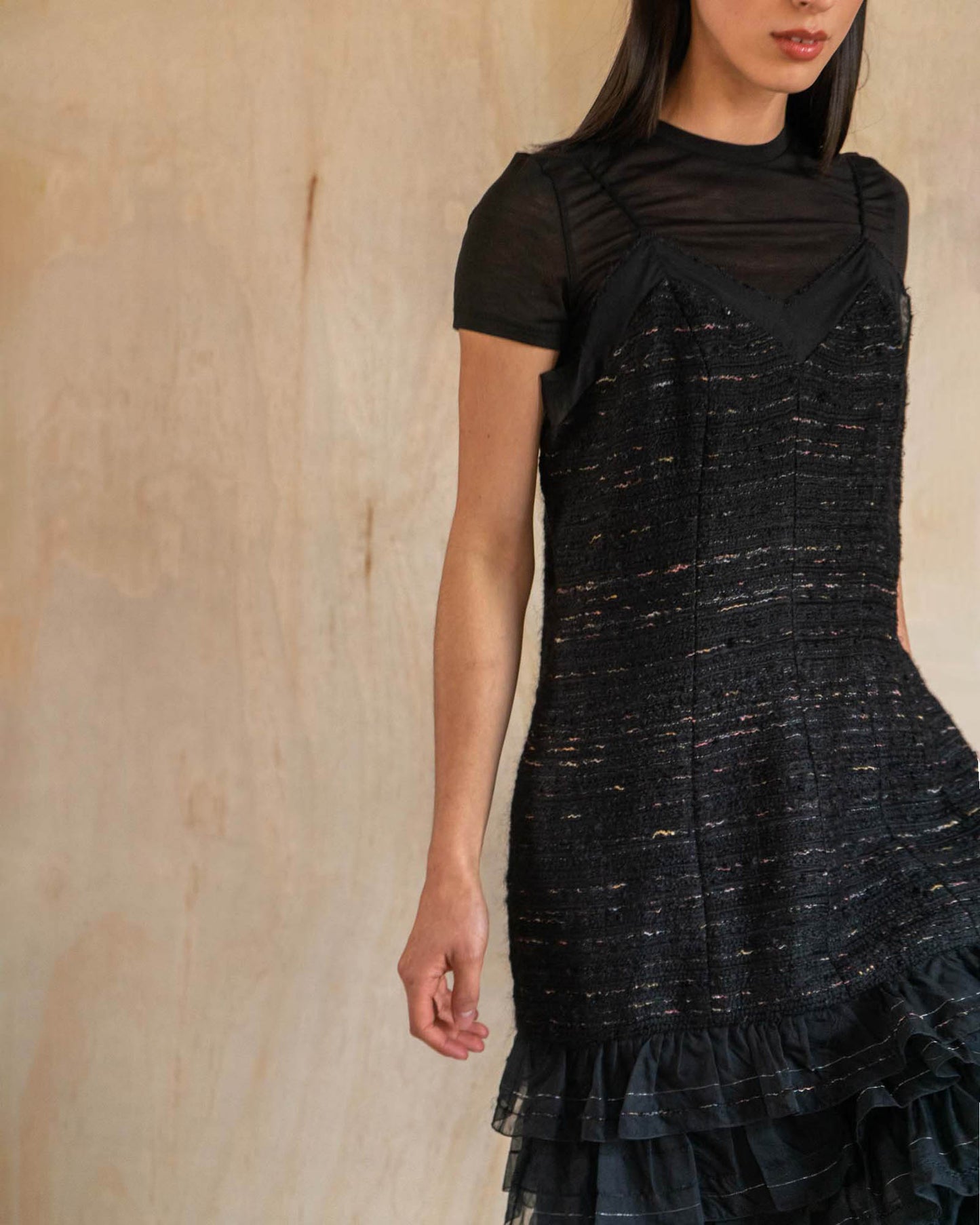 FR42-44 Chanel Fall 2004 Tweed Slip Dress with Tiered Organza Hem