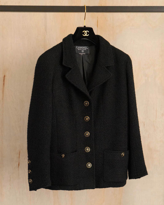 FR40-42 Chanel Fall 1995 Two Pocket Black Wool Tweed Jacket