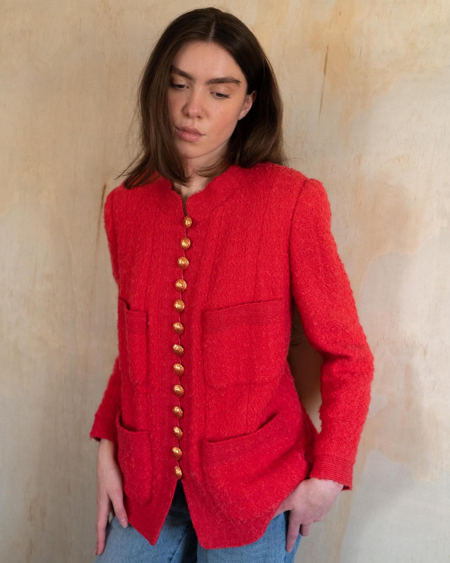 FR42-46 Rare Chanel Haute Couture Fall 1992 Timeless Four Pocket Red Tweed Jacket