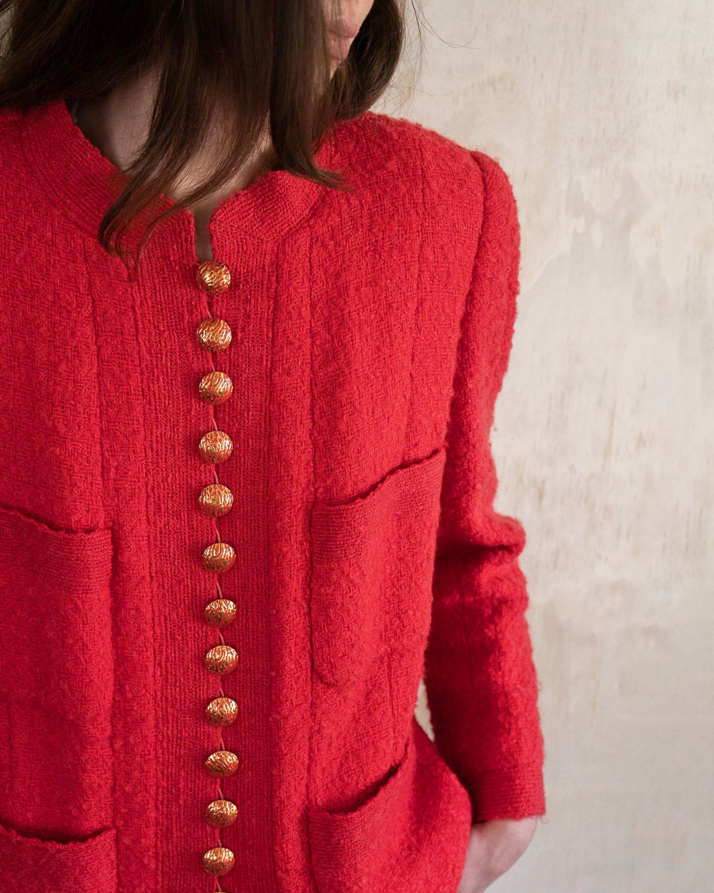 FR42-46 Rare Chanel Haute Couture Fall 1992 Timeless Four Pocket Red Tweed Jacket