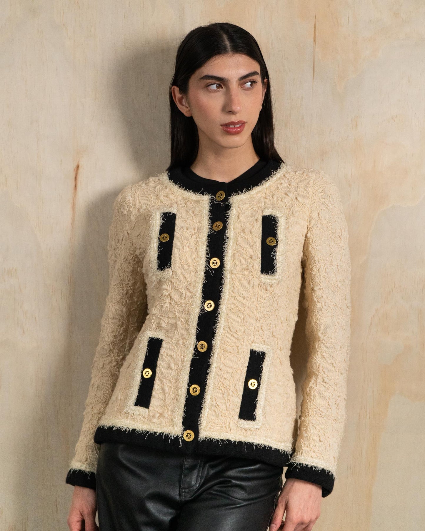 FR36-38 Rare Chanel Fall 1994 Iconic Collarless Ivory and Black Fantasy Tweed Jacket