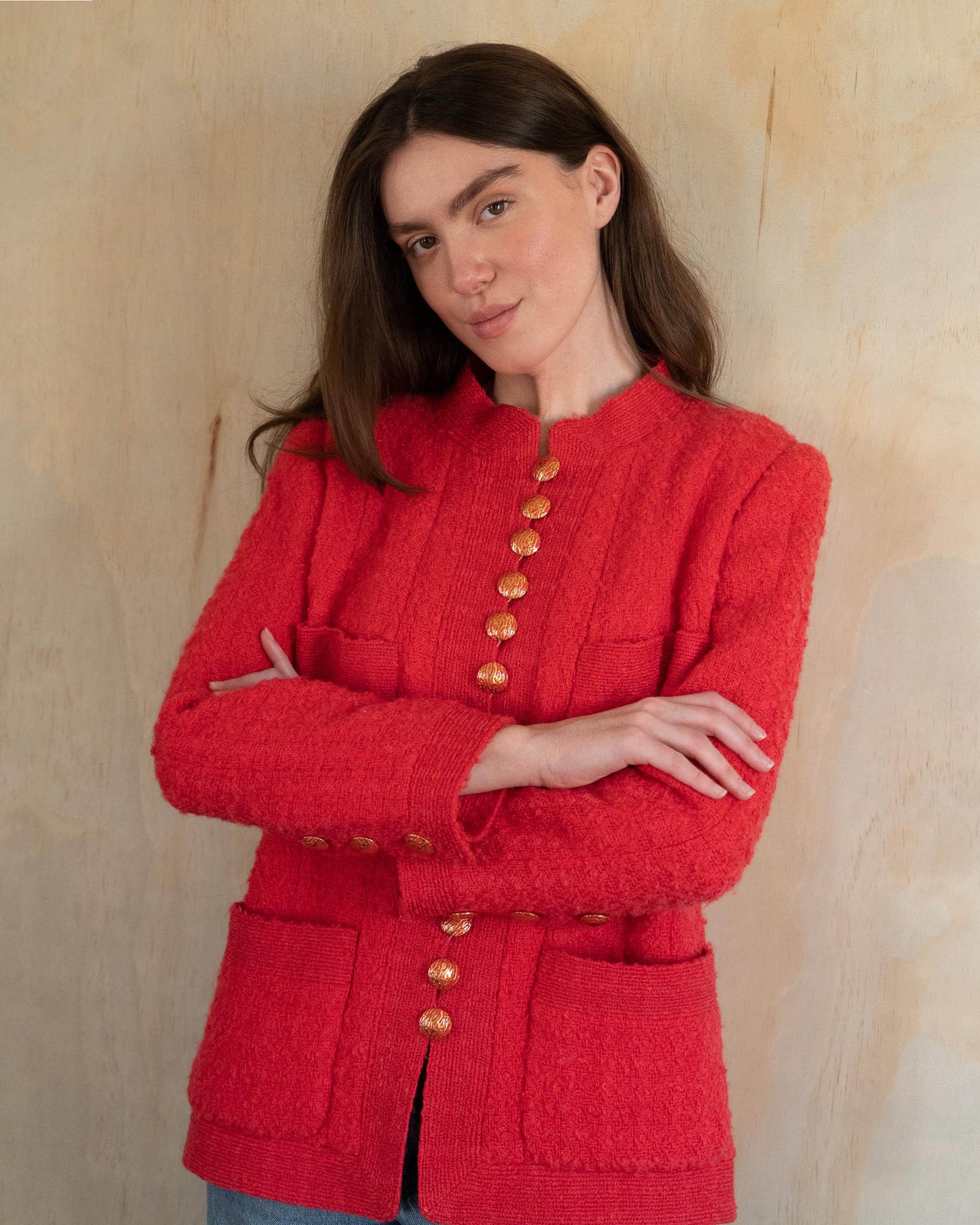 FR42-46 Rare Chanel Haute Couture Fall 1992 Timeless Four Pocket Red Tweed Jacket