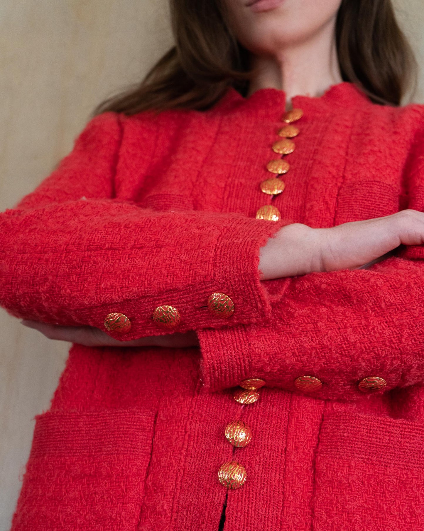 FR42-46 Rare Chanel Haute Couture Fall 1992 Timeless Four Pocket Red Tweed Jacket