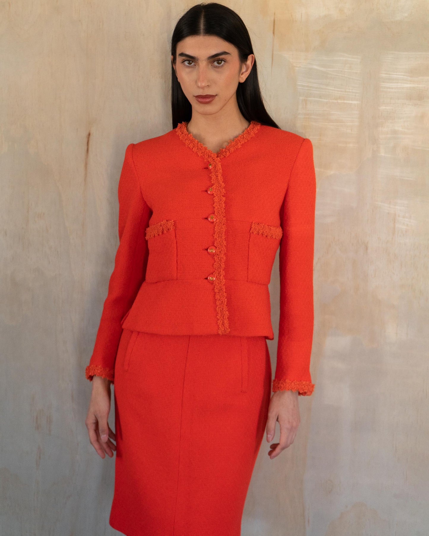 FR36-38 Rare Chanel Cruise 1995 Scarlet Red Skirt Suit