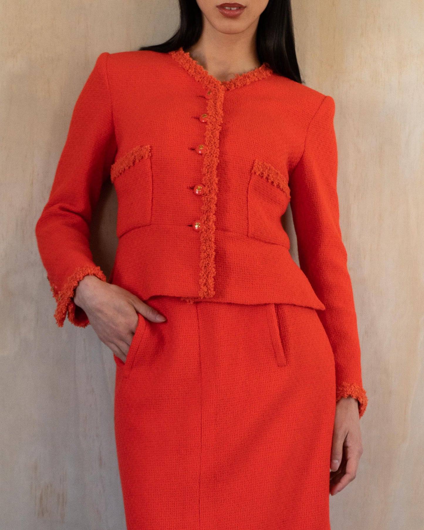 FR36-38 Rare Chanel Cruise 1995 Scarlet Red Skirt Suit